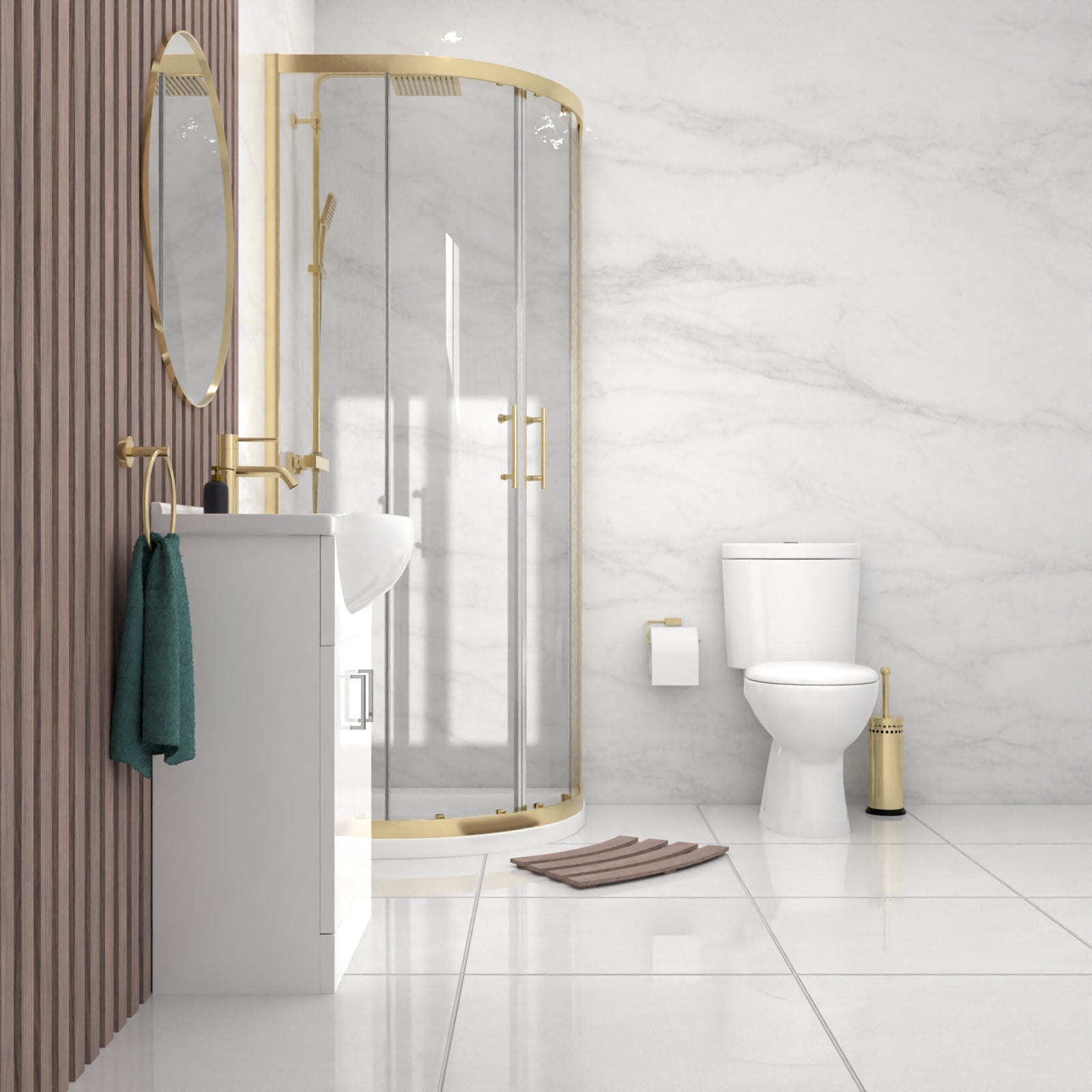 Ellen Toilet Vanity 800mm Brushed Brass Quadrant Shower Enclosure Tray Set