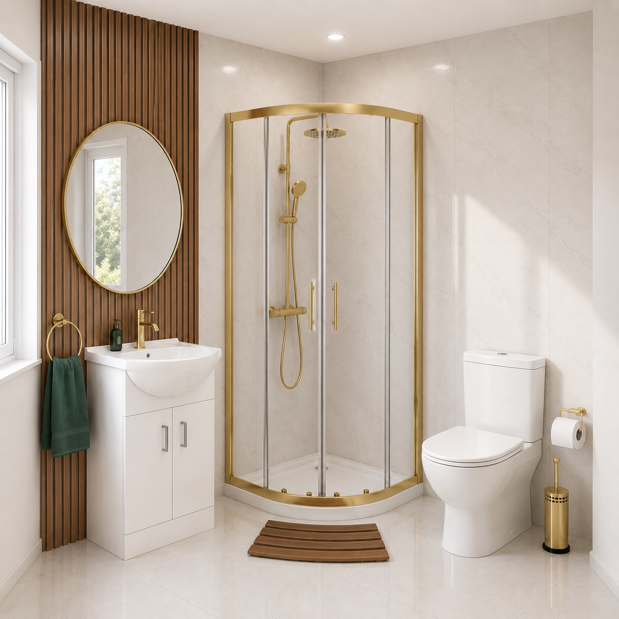 Ellen Toilet Vanity 800mm Brushed Brass Quadrant Shower Enclosure Tray Set