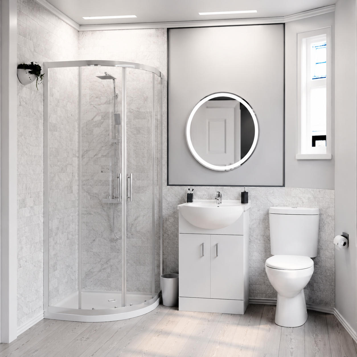 Ellen White Toilet & Vanity Unit & 900mm Quadrant Shower Enclosure Tray Set