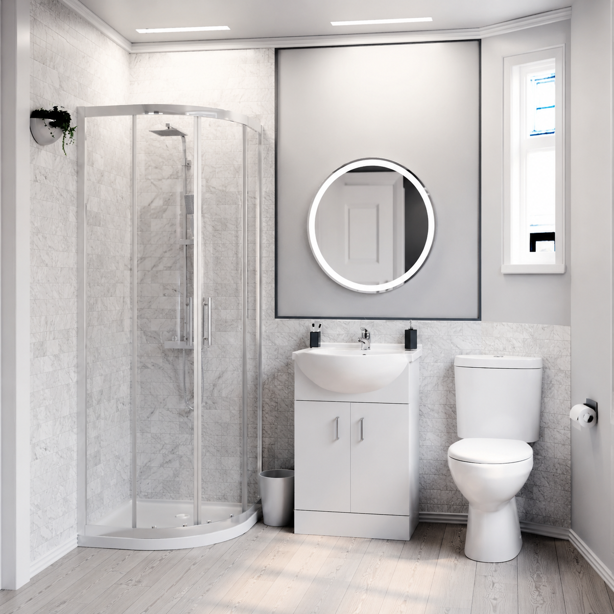 Ellen White Toilet & Vanity Unit & 800mm Quadrant Shower Enclosure Tray Set