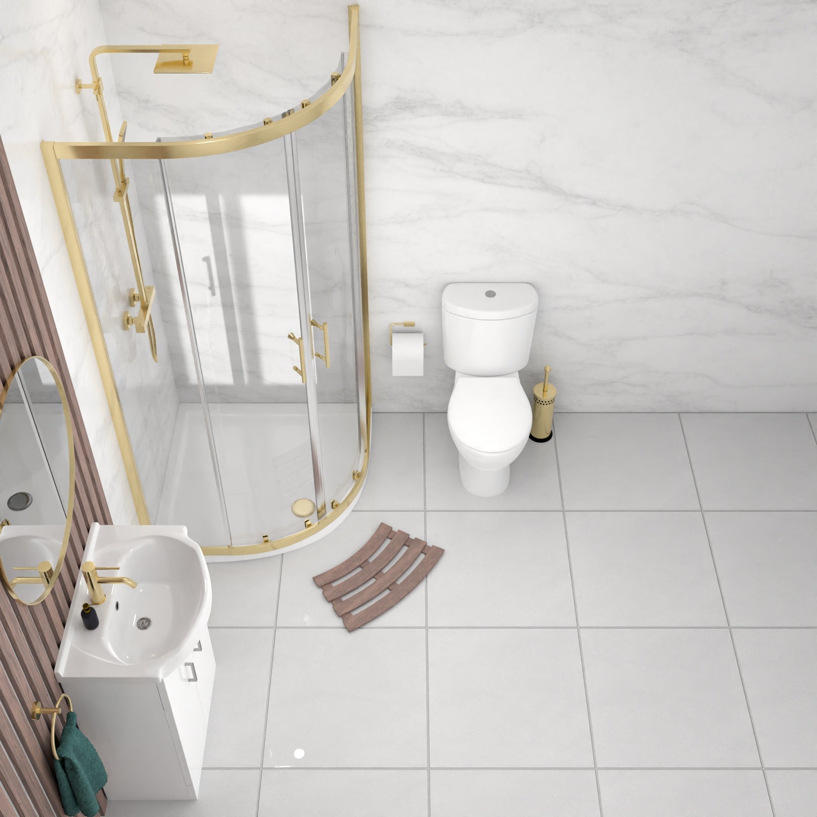 Ellen Toilet Vanity 900mm Brushed Brass Quadrant Shower Enclosure Tray Set