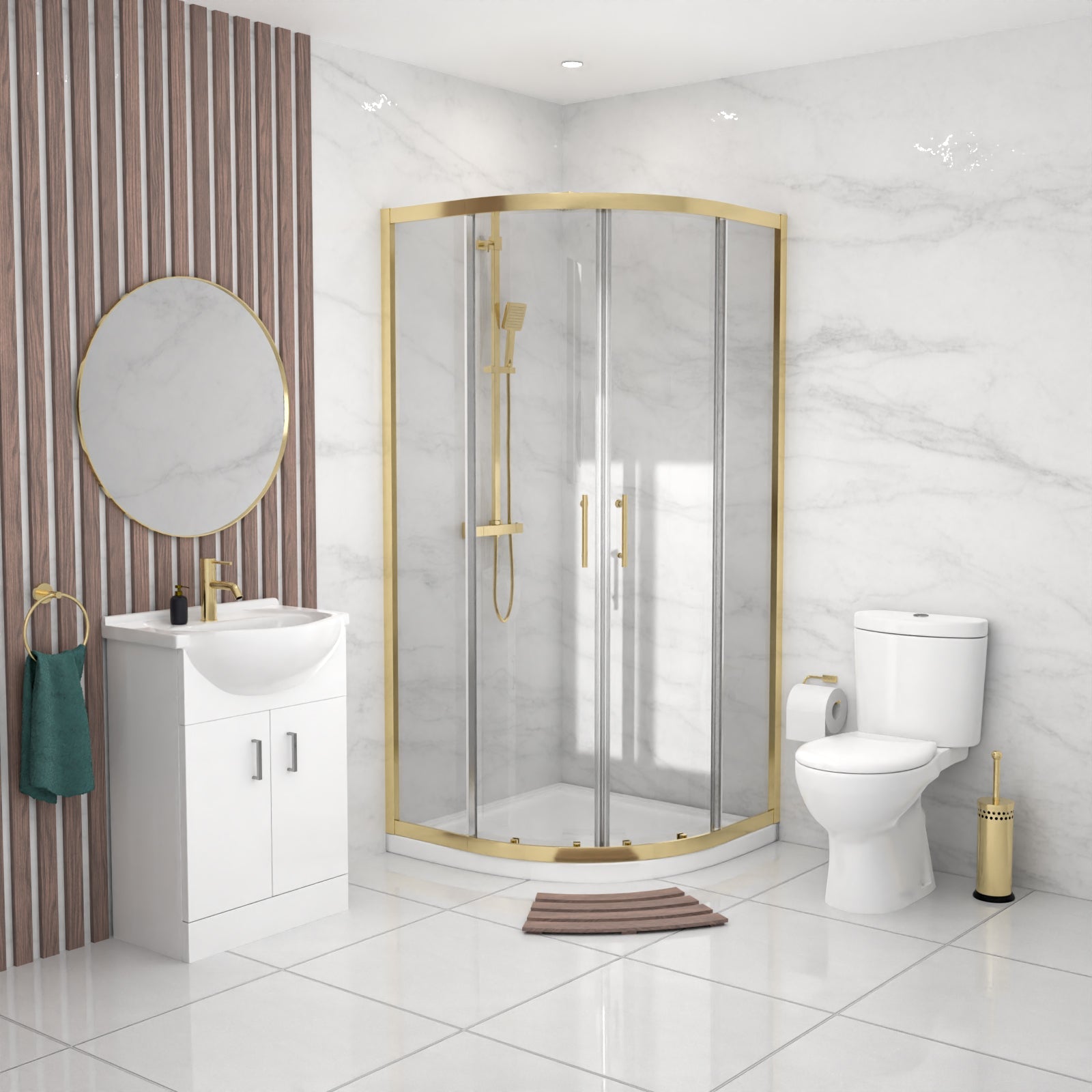 Ellen Toilet Vanity 900mm Brushed Brass Quadrant Shower Enclosure Tray Set