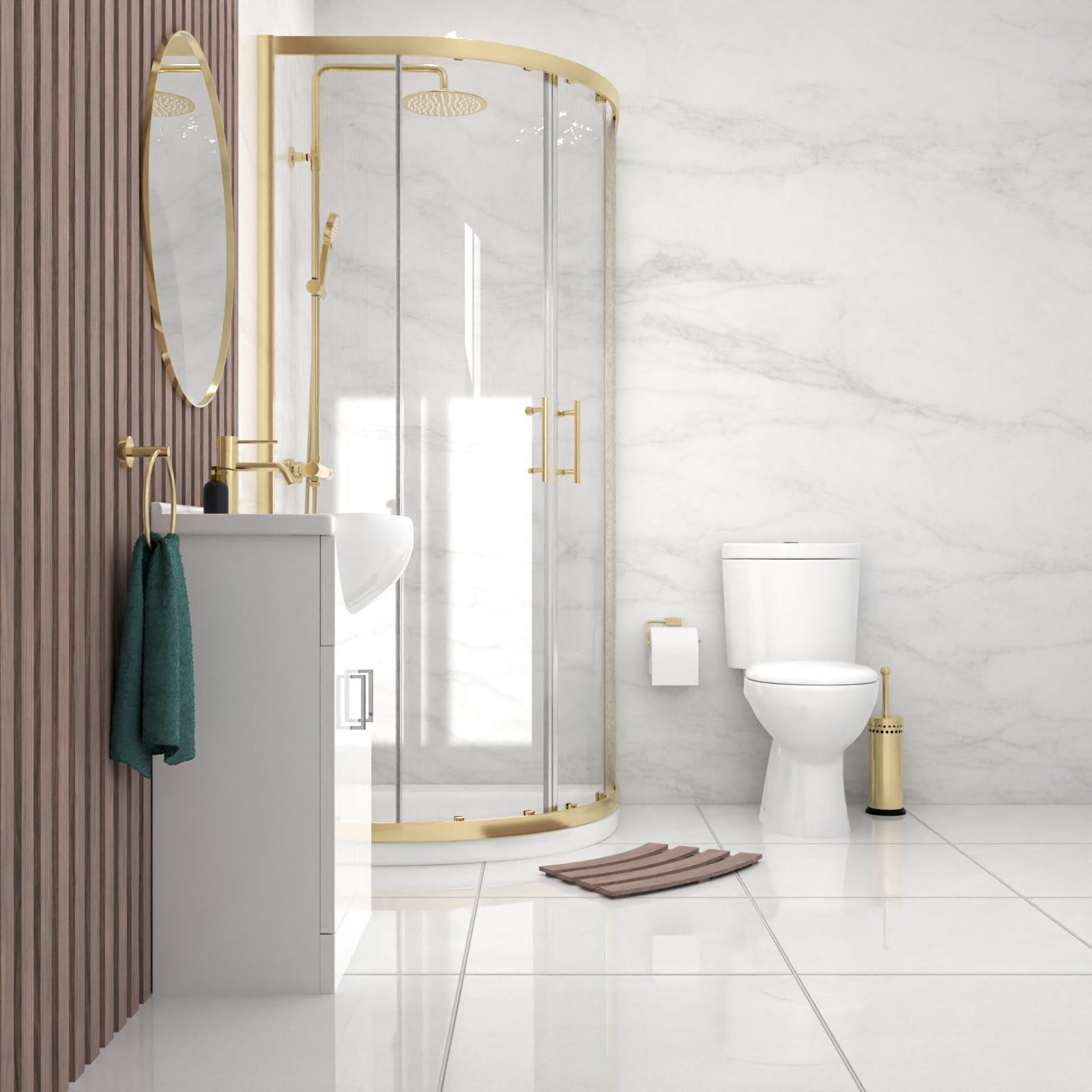 Ellen Vanity Toilet & Brushed Brass 900mm Quadrant Enclosure Tray with Exposed Shower Round and Basin Mixer Set