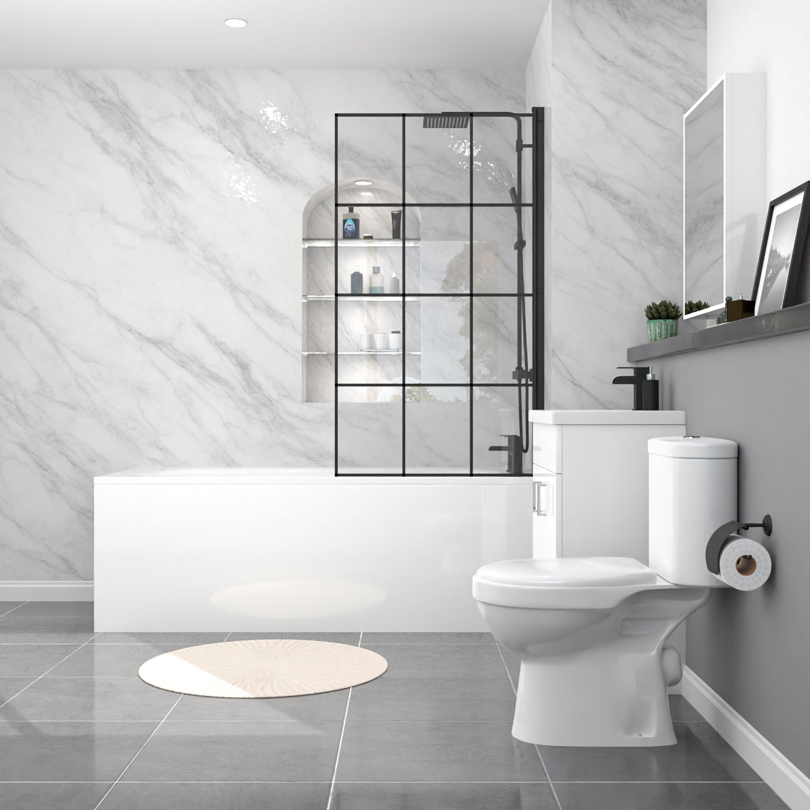 Nanuya Close Coupled Toilet Vanity Bathroom Suite, Bath & Grid Bath Screen