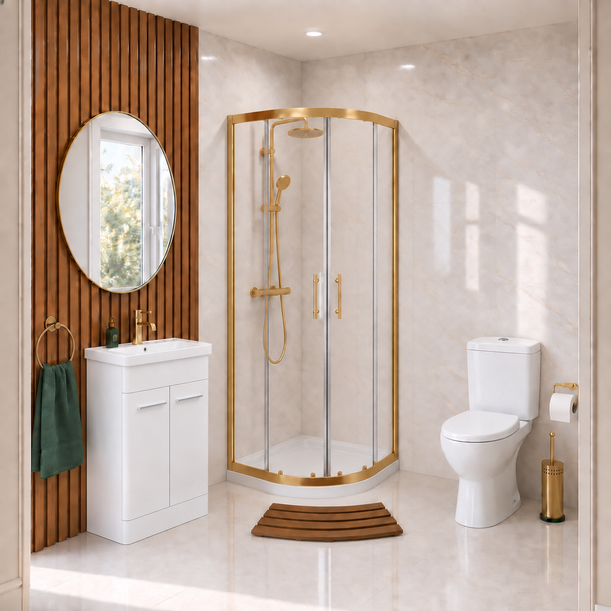 Enclosure Suite - 900mm Quadrant Screen with 500mm Vanity Unit & Close Coupled Toilet - Set with Brushed Brass Fittings