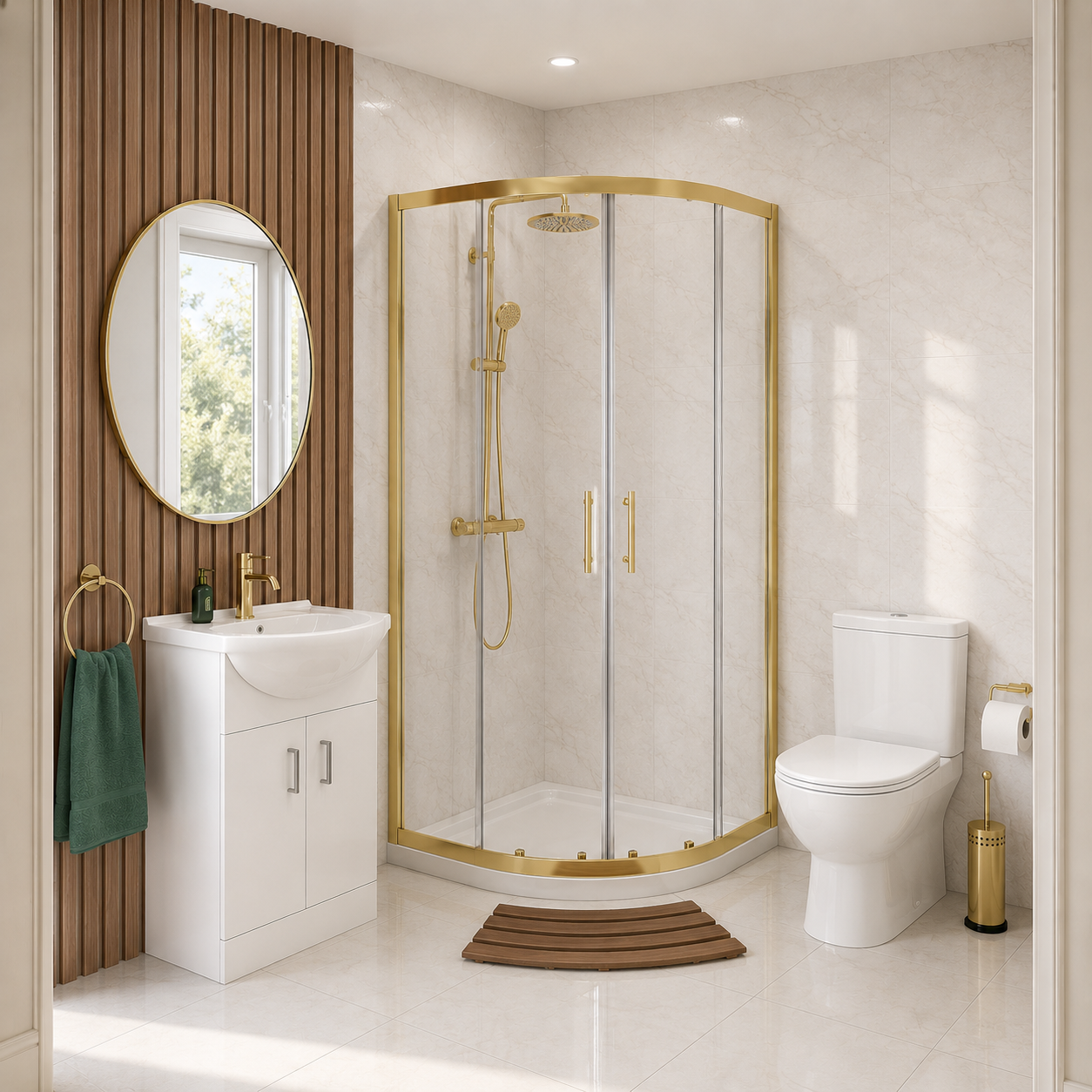 Ellen Toilet Vanity 900mm Brushed Brass Quadrant Shower Enclosure Tray Set