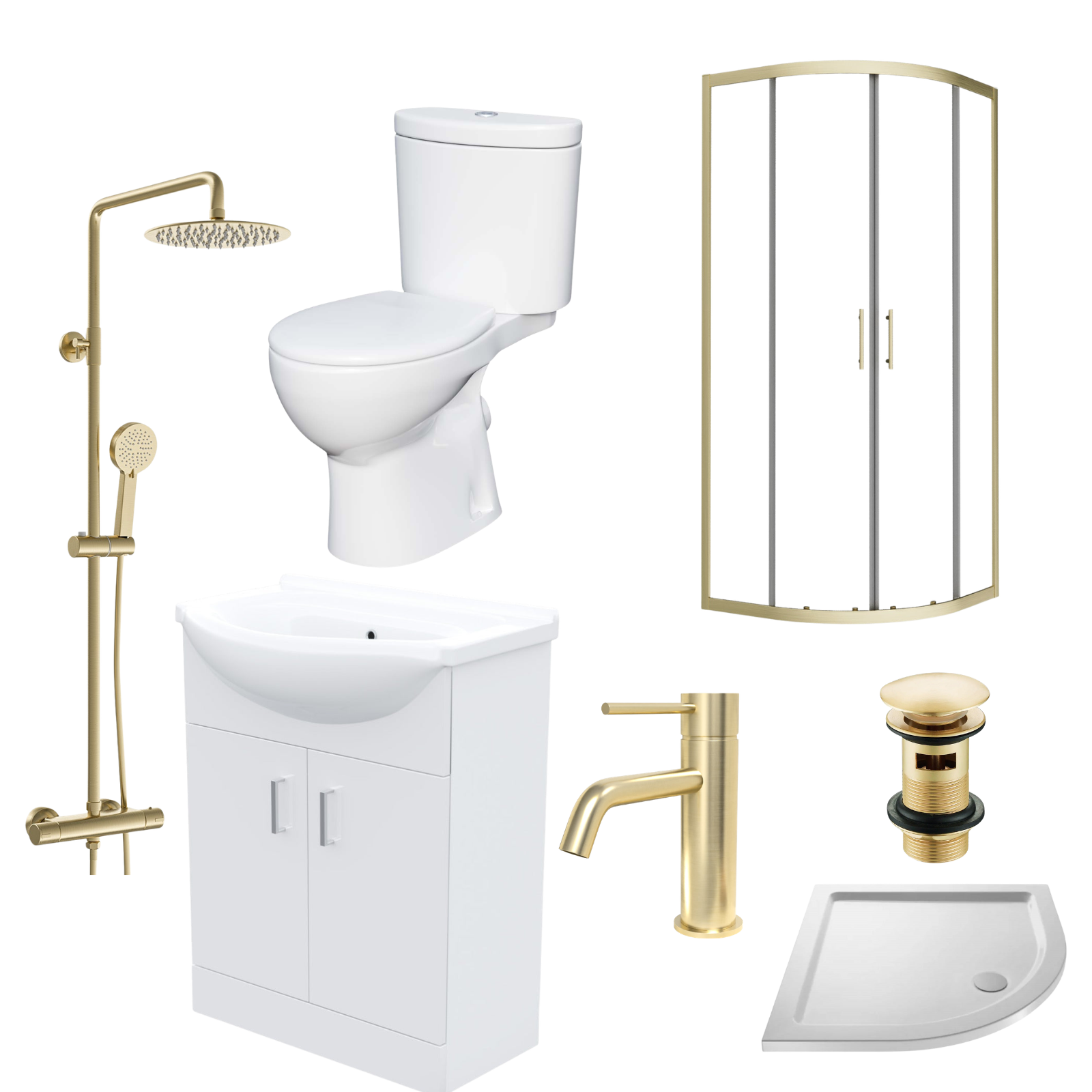 Ellen Vanity Toilet & Brushed Brass 900mm Quadrant Enclosure Tray with Exposed Shower Round and Basin Mixer Set