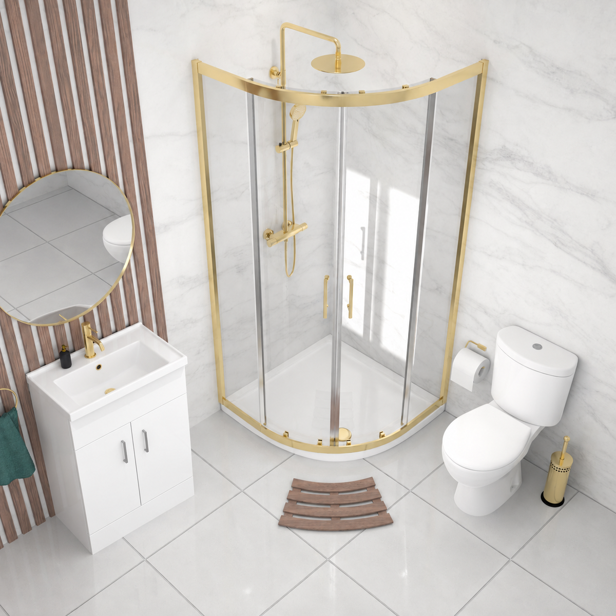 Enclosure Suite - 800mm Quadrant Screen with 500mm Vanity Unit & Close Coupled Toilet - Set with Brushed Brass  Fittings