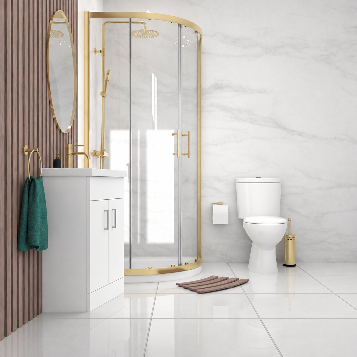 Enclosure Suite - 800mm Quadrant Screen with 500mm Vanity Unit & Close Coupled Toilet - Set with Brushed Brass  Fittings