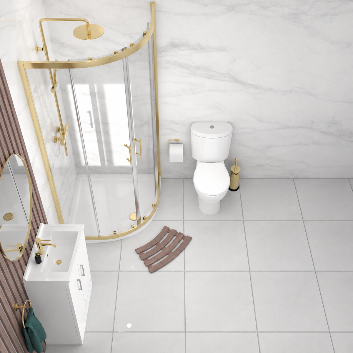 Enclosure Suite - 800mm Quadrant Screen with 500mm Vanity Unit & Close Coupled Toilet - Set with Brushed Brass  Fittings
