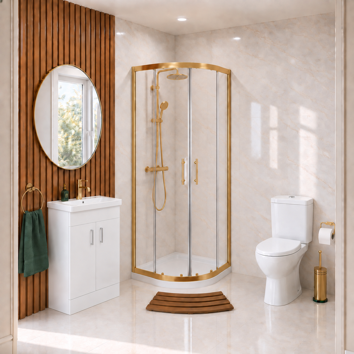 Enclosure Suite - 900mm Quadrant Screen with 500mm Vanity Unit & Close Coupled Toilet - Set with Brushed Brass Fittings
