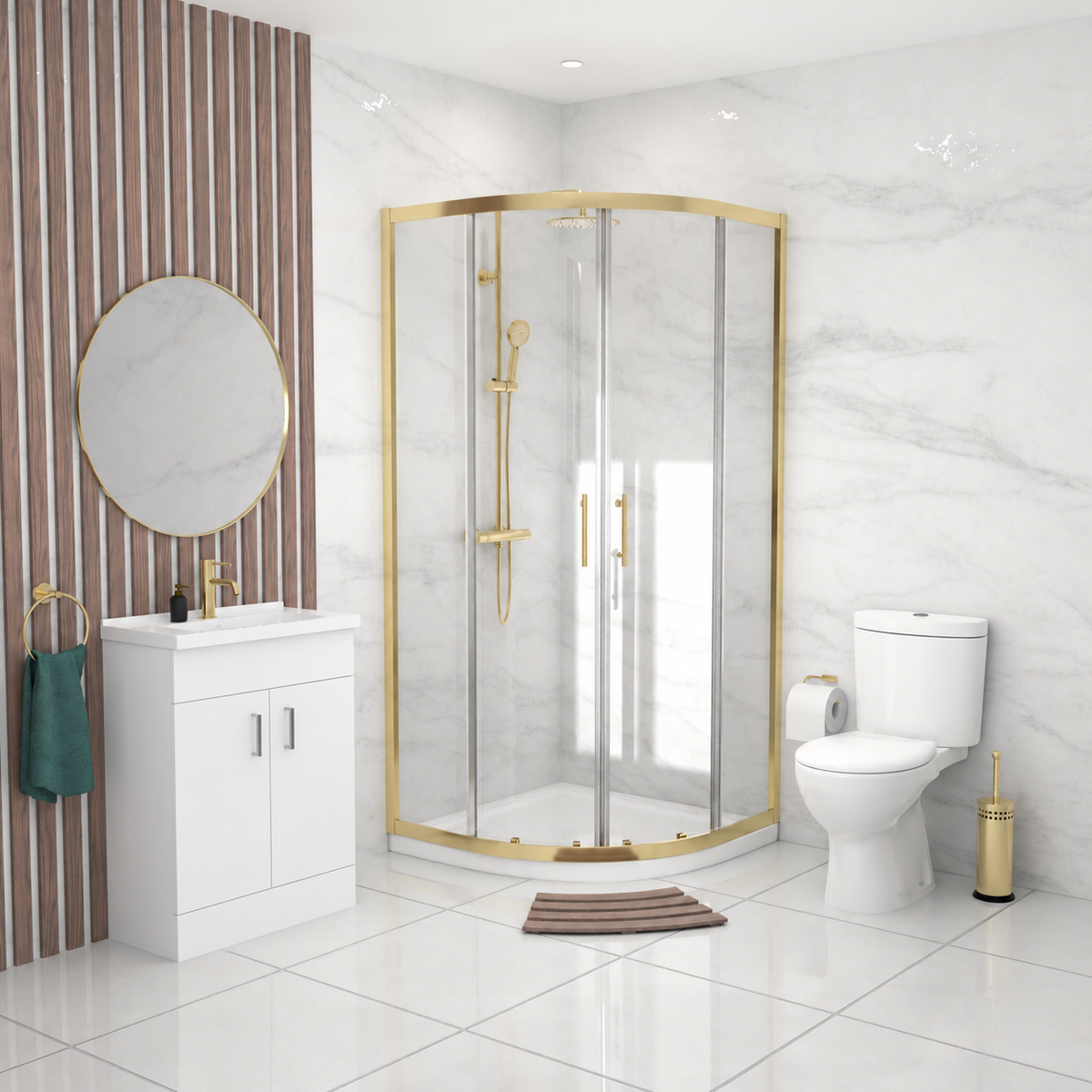 Enclosure Suite - 900mm Quadrant Screen with 500mm Vanity Unit & Close Coupled Toilet - Set with Brushed Brass Fittings