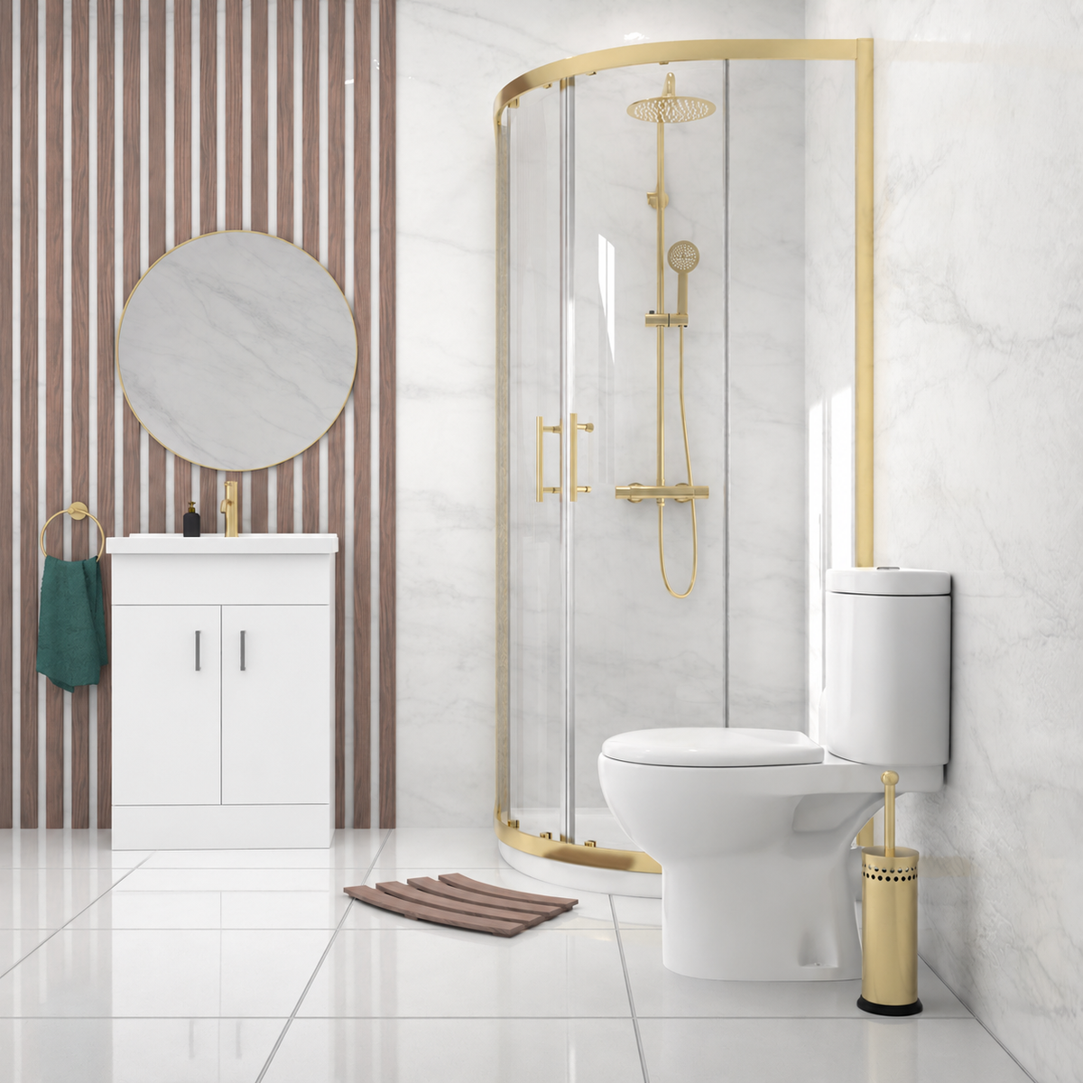 Enclosure Suite - 900mm Quadrant Screen with 500mm Vanity Unit & Close Coupled Toilet - Set with Brushed Brass Fittings