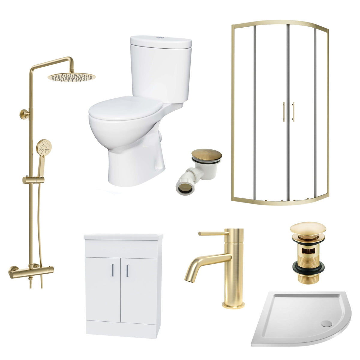 Enclosure Suite - 800mm Quadrant Screen with 600mm Vanity Unit & Close Coupled Toilet - Set with Brushed Brass  Fittings