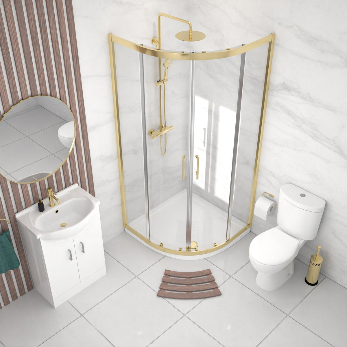 Enclosure Suite - 800mm Quadrant Screen with 550mm Vanity Unit & Close Coupled Toilet - Set with Brushed Brass  Fittings