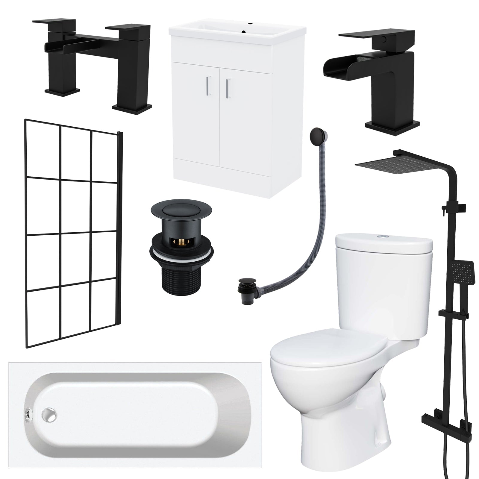 Nanuya Close Coupled Toilet Vanity Bathroom Suite, Bath & Grid Bath Screen