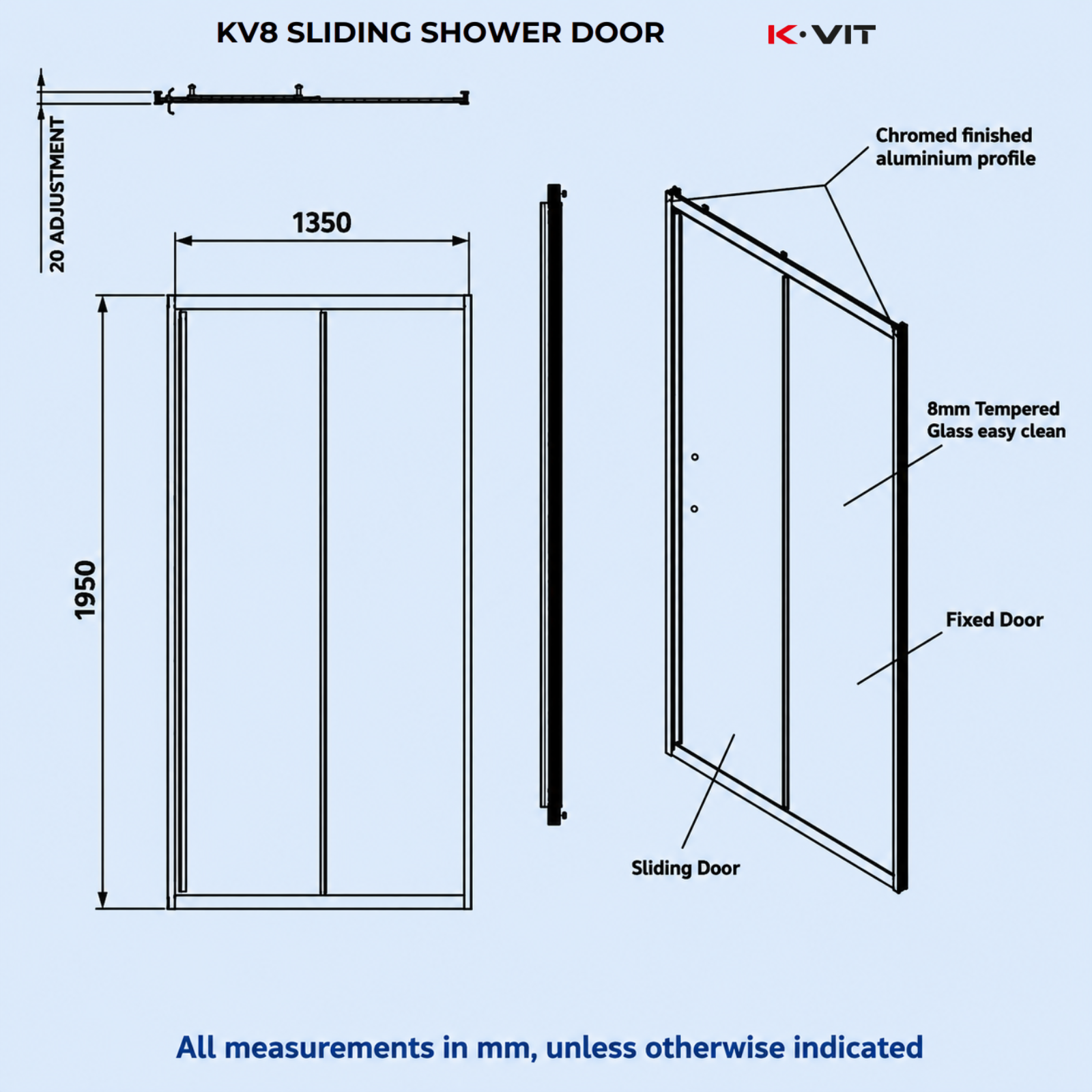 Kartell K-VIT KV8 1400mm Sliding Shower Door 8mm Clear Tempered Glass - EIGHT1400SD
