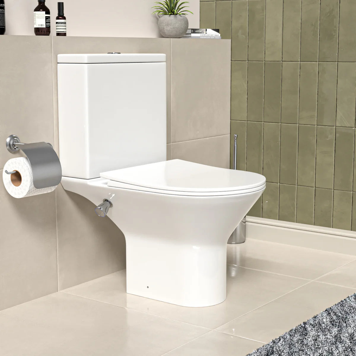 Round Rimless Close Coupled Ceramic Toilet With Integrated Bidet Valve