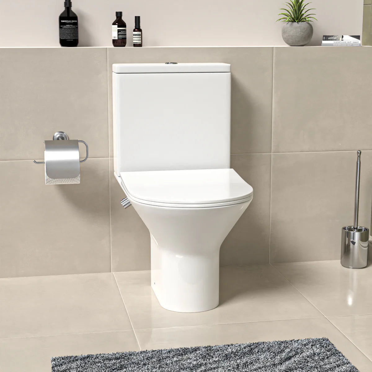 Rimless Close Coupled Toilet With Integrated Hot Cold Bidet Valve