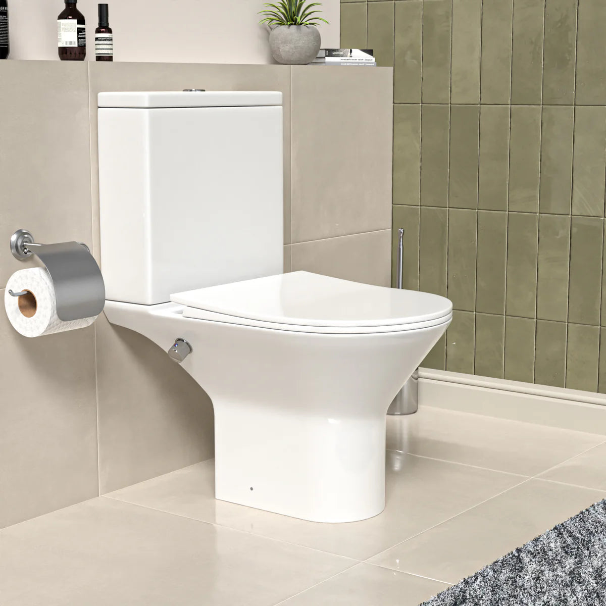 Rimless Close Coupled Toilet With Integrated Hot Cold Bidet Valve