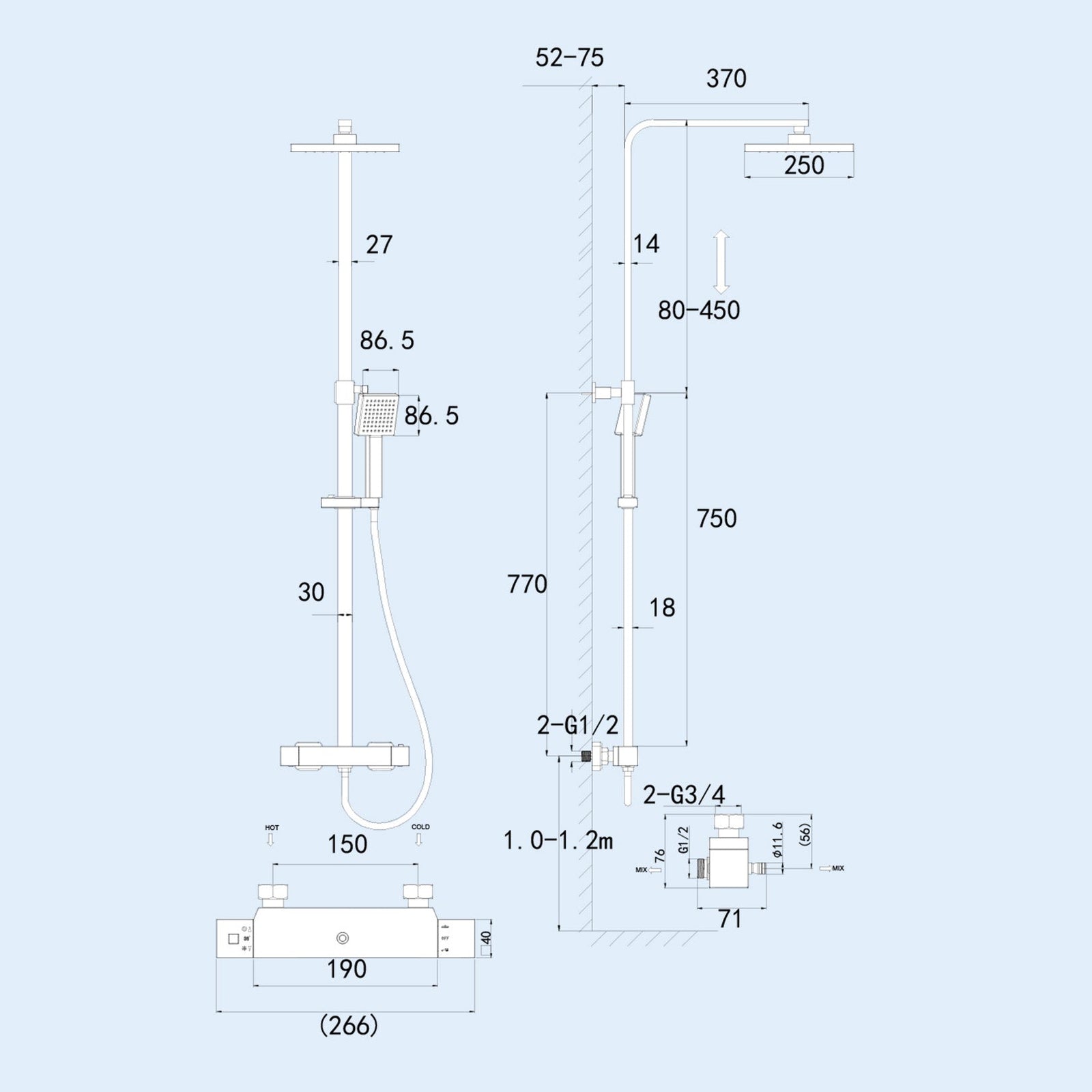 Chrome Shower Head with Square Thermostatic Bar Valve & Riser Rail Kit