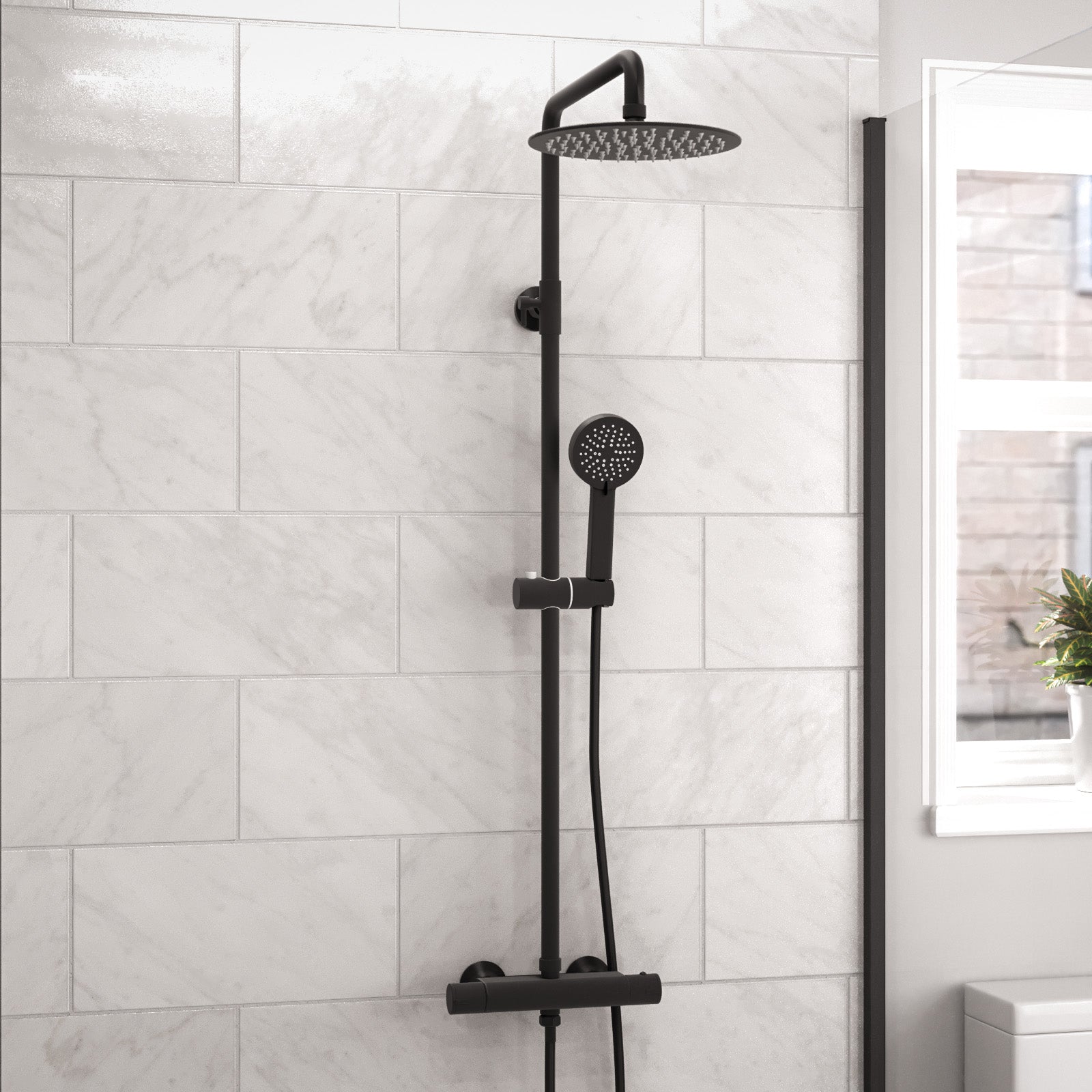 Modern Round Matte Black Exposed Thermostatic Mixer Shower Set With Shower Head and Handheld