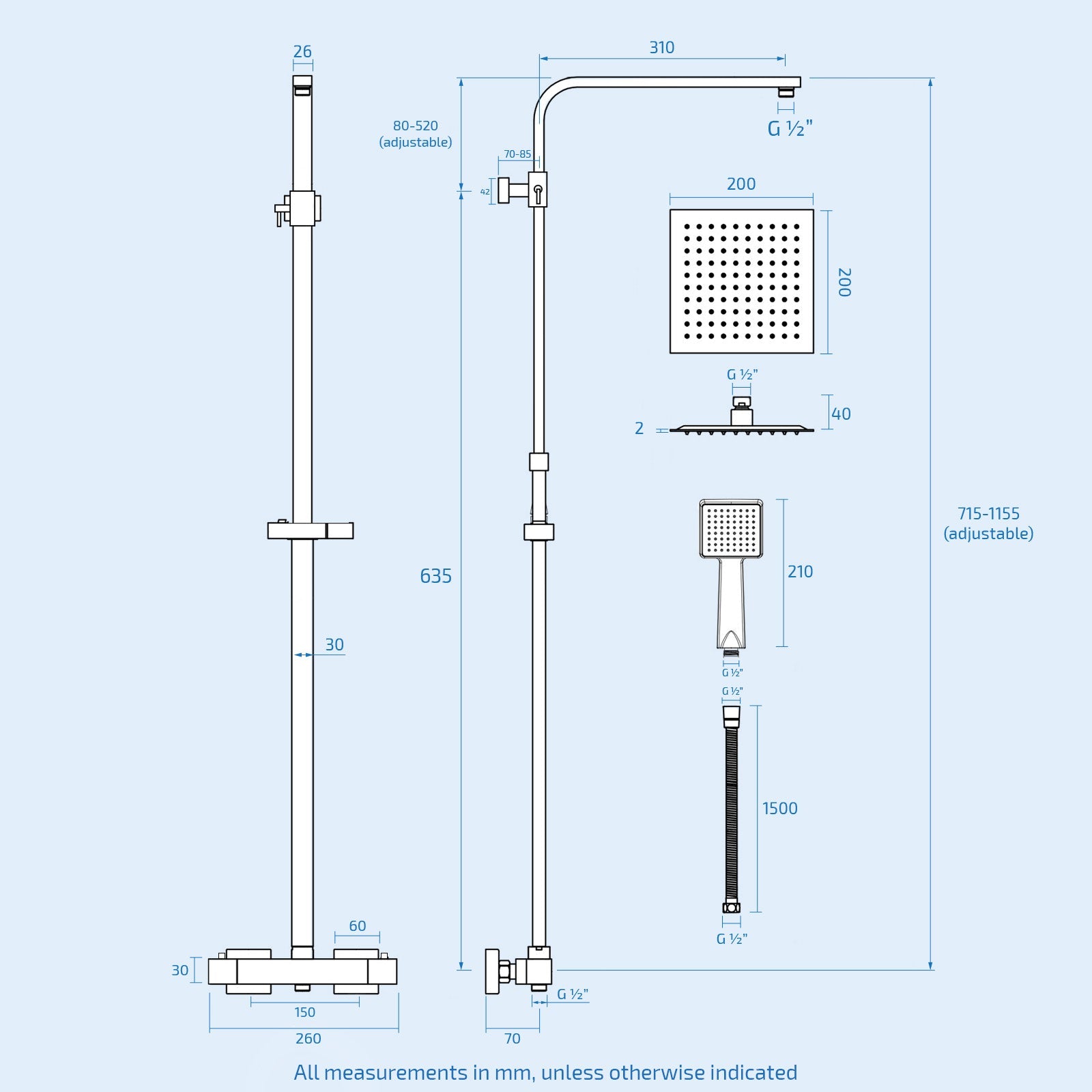 Technical drawing of a shower system with measurements on a light blue background