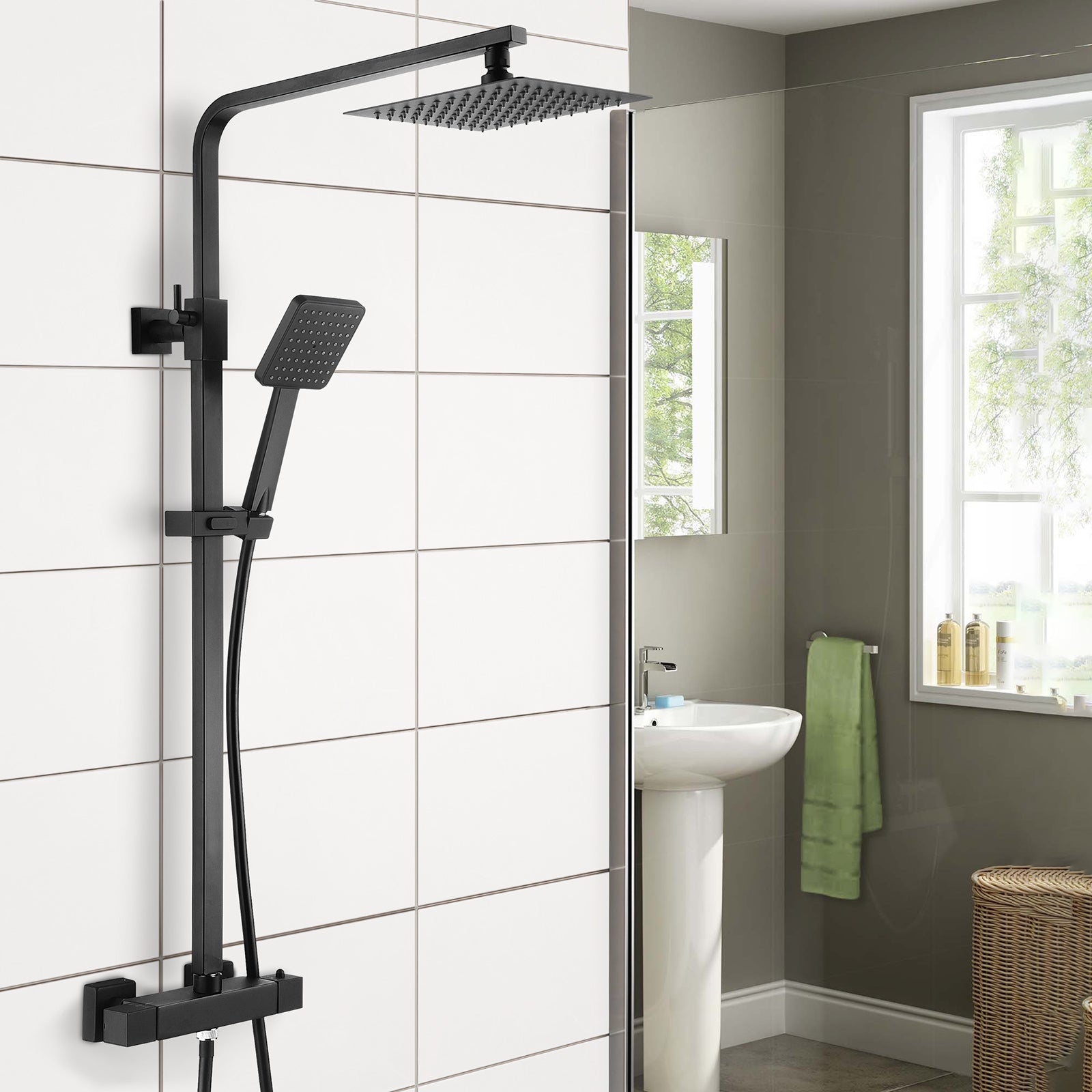Modern Thermostatic Mixer Shower Set Square Black Finish Twin Head Exp