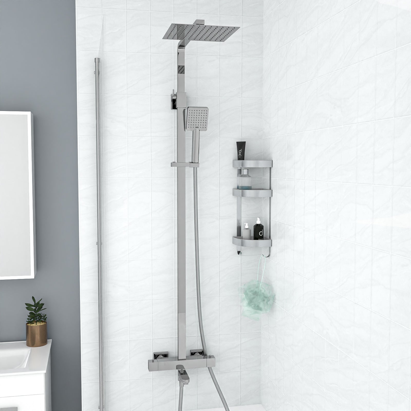 Square Exposed Thermostatic Dual Control Shower Mixer Riser Rail Kit