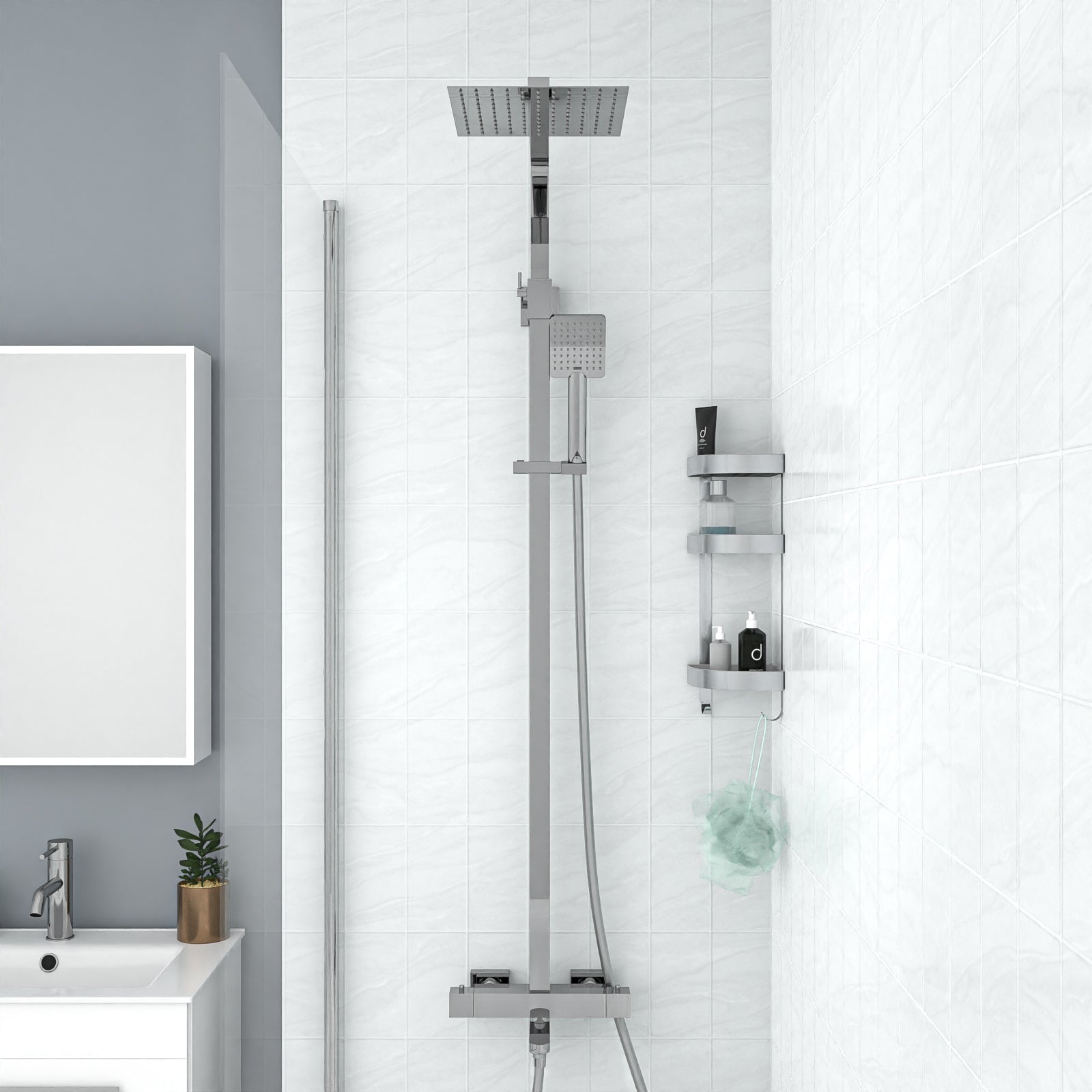 Square Exposed Thermostatic Dual Control Shower Mixer Riser Rail Kit