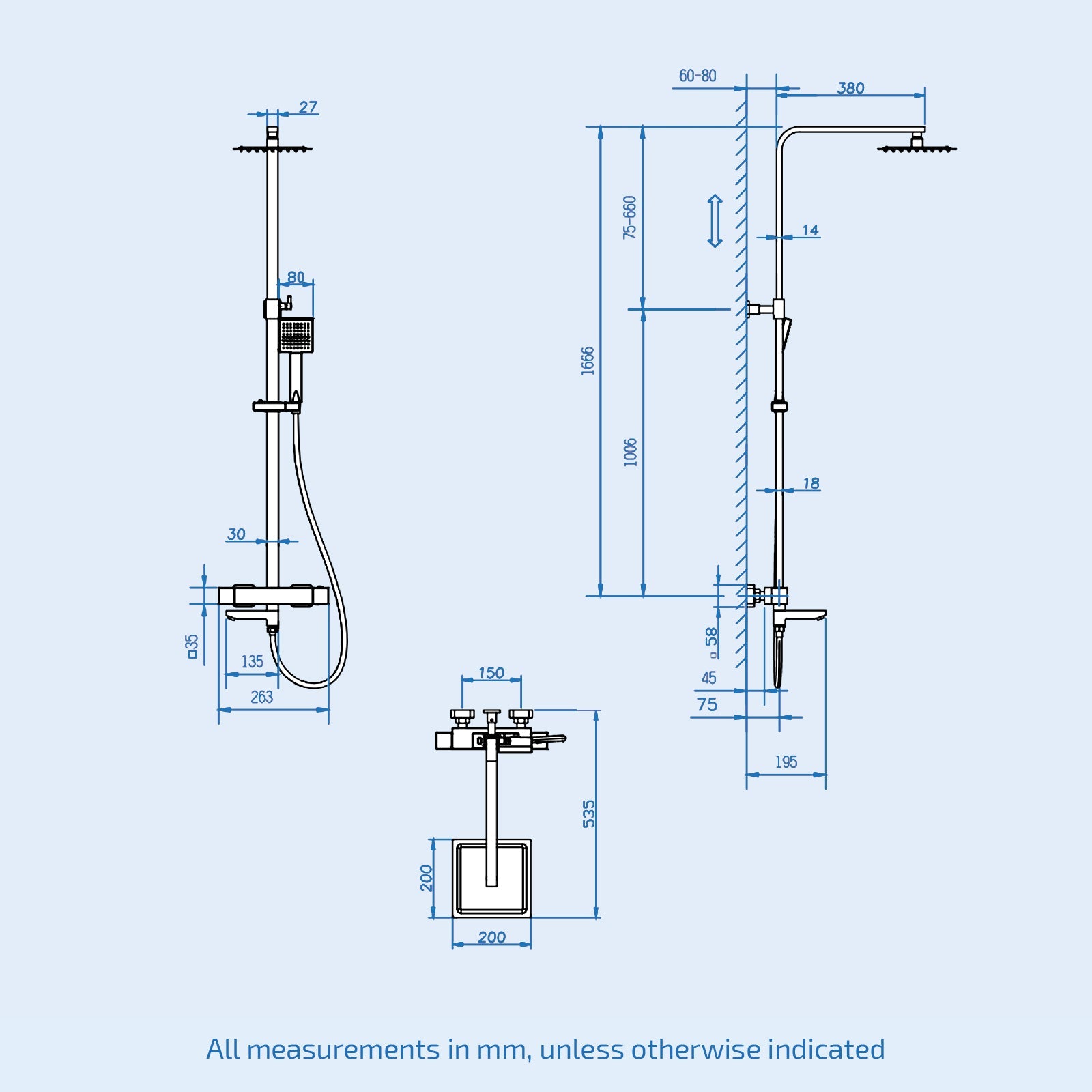 Square Exposed Thermostatic Dual Control Shower Mixer Riser Rail Kit