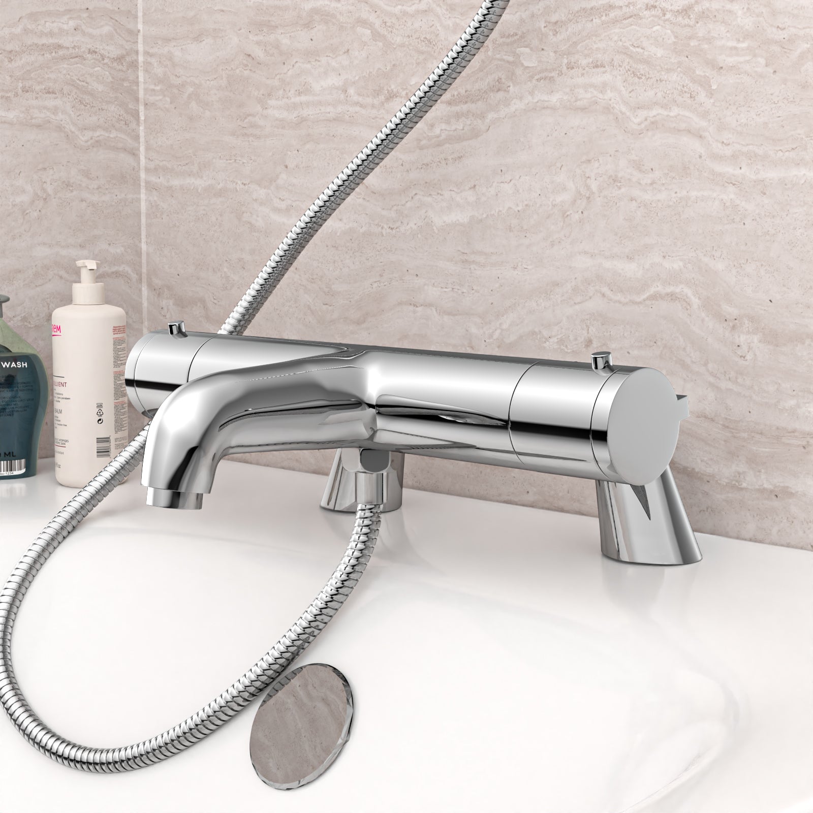 Chrome Exposed Thermostatic Bath Shower Mixer Tap Deck Mounted Kit Set