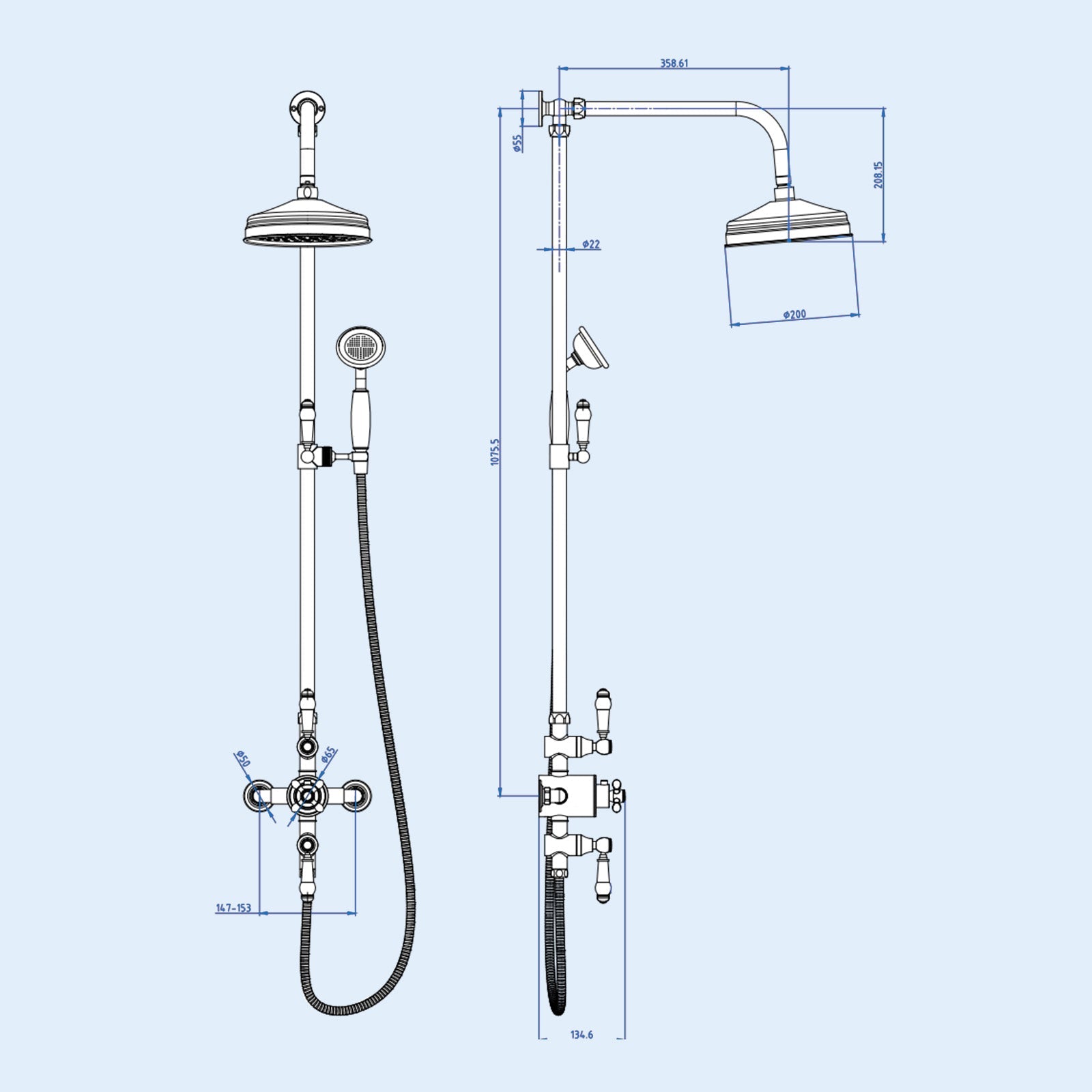 Amelie Traditional 2 Outlet Exposed Shower Thermostatic Shower Bar Mixer Valve & Riser Rail Kit Set