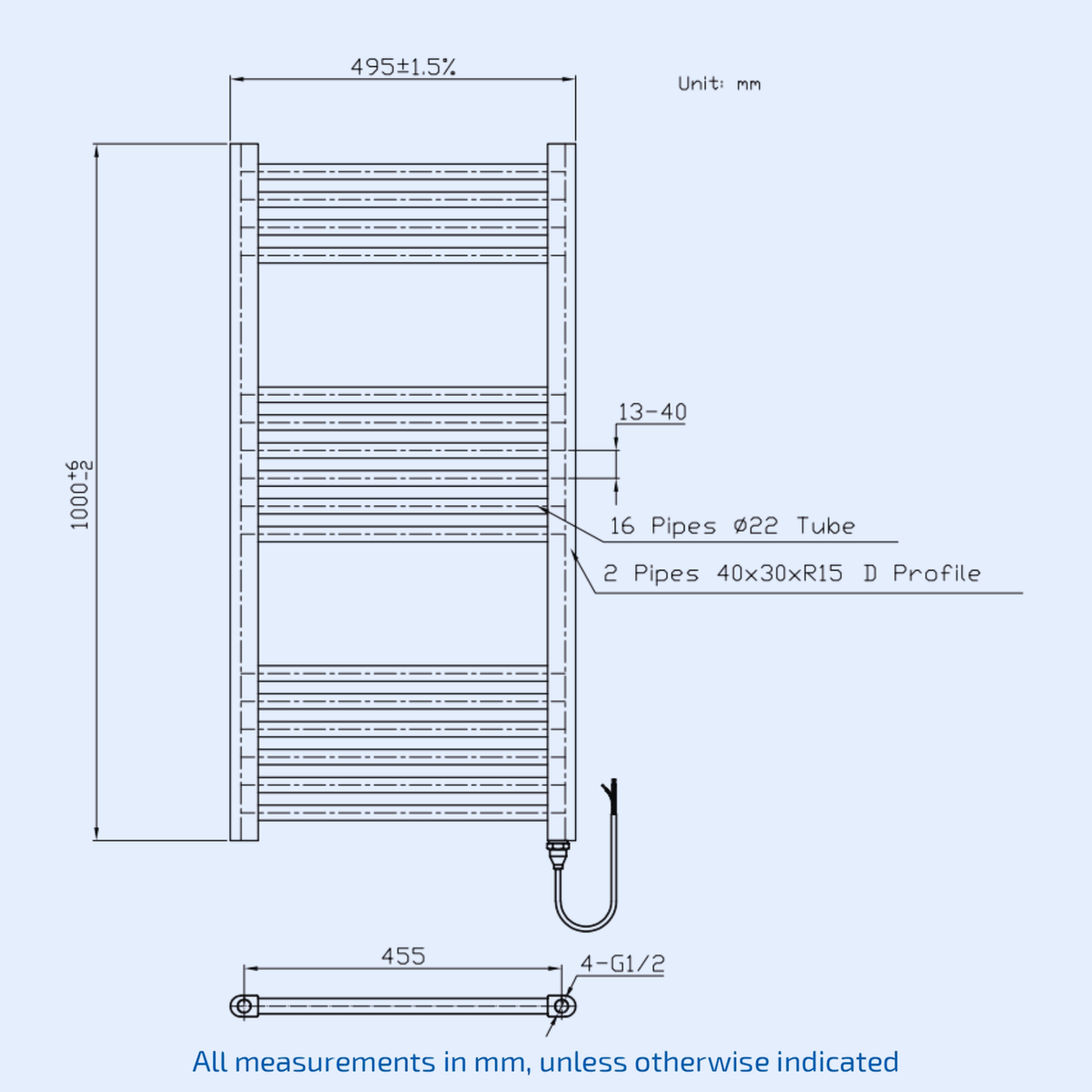 Kartell Electric Straight 1000mm x 500mm Chrome Wall Vertical Towel Rail - ESTR510C