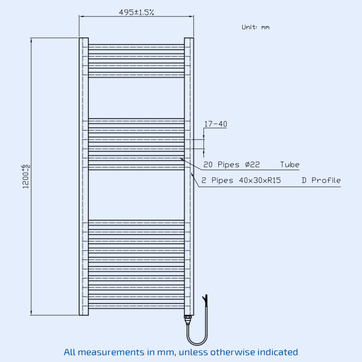 Kartell Electric Straight 500 x 1200mm Chrome Wall Mounted Towel Rail - ESTR512C