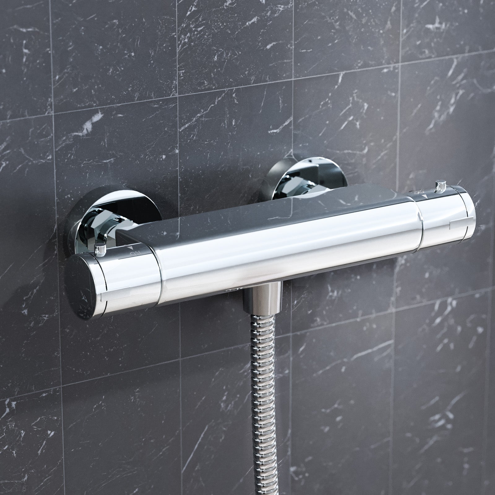 Round Chrome Thermostatic Shower Bar Valve Single Outlet Wall Mounted with Shower Slider Rail Kit