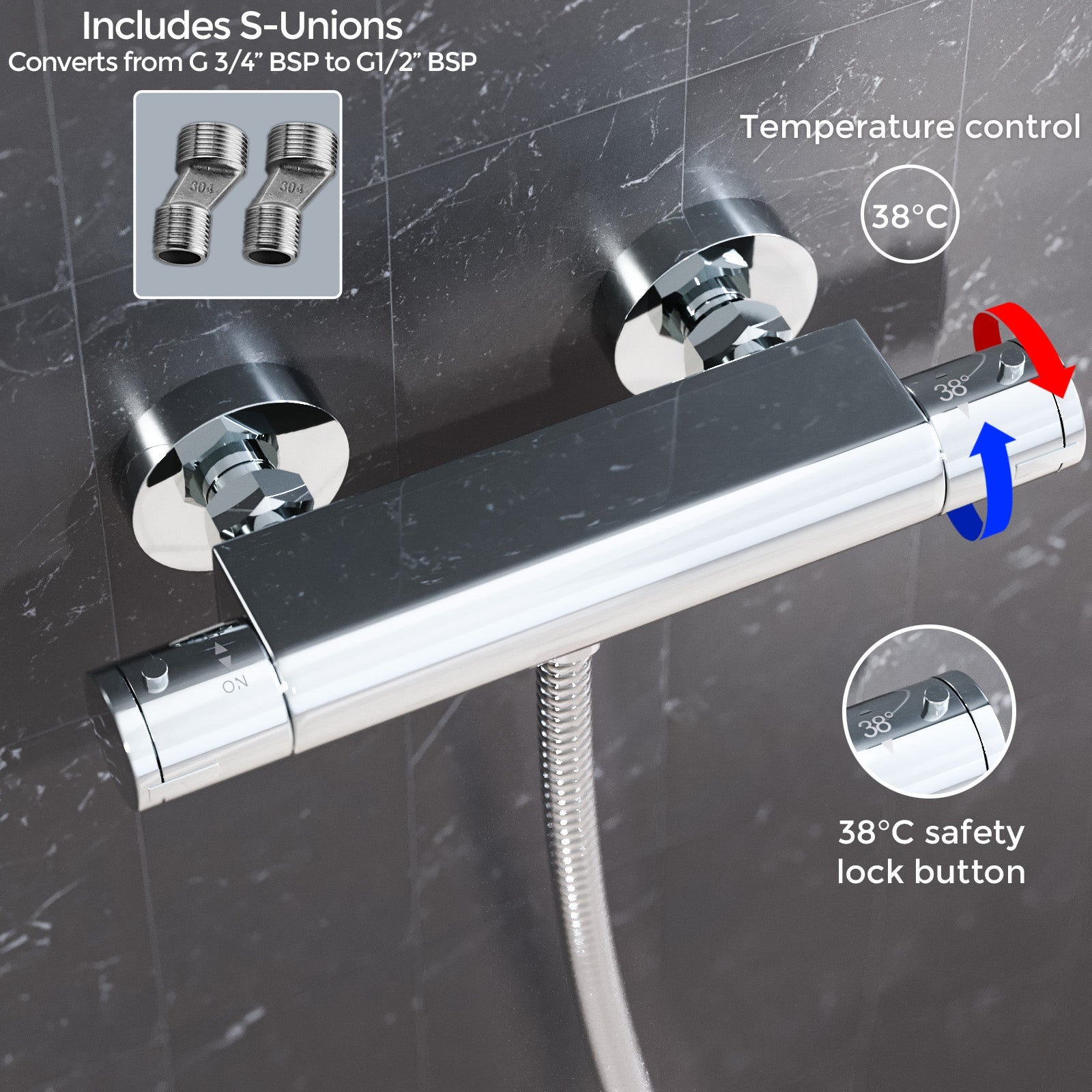 Round Chrome Thermostatic Shower Bar Valve Single Outlet Wall Mounted with Shower Slider Rail Kit