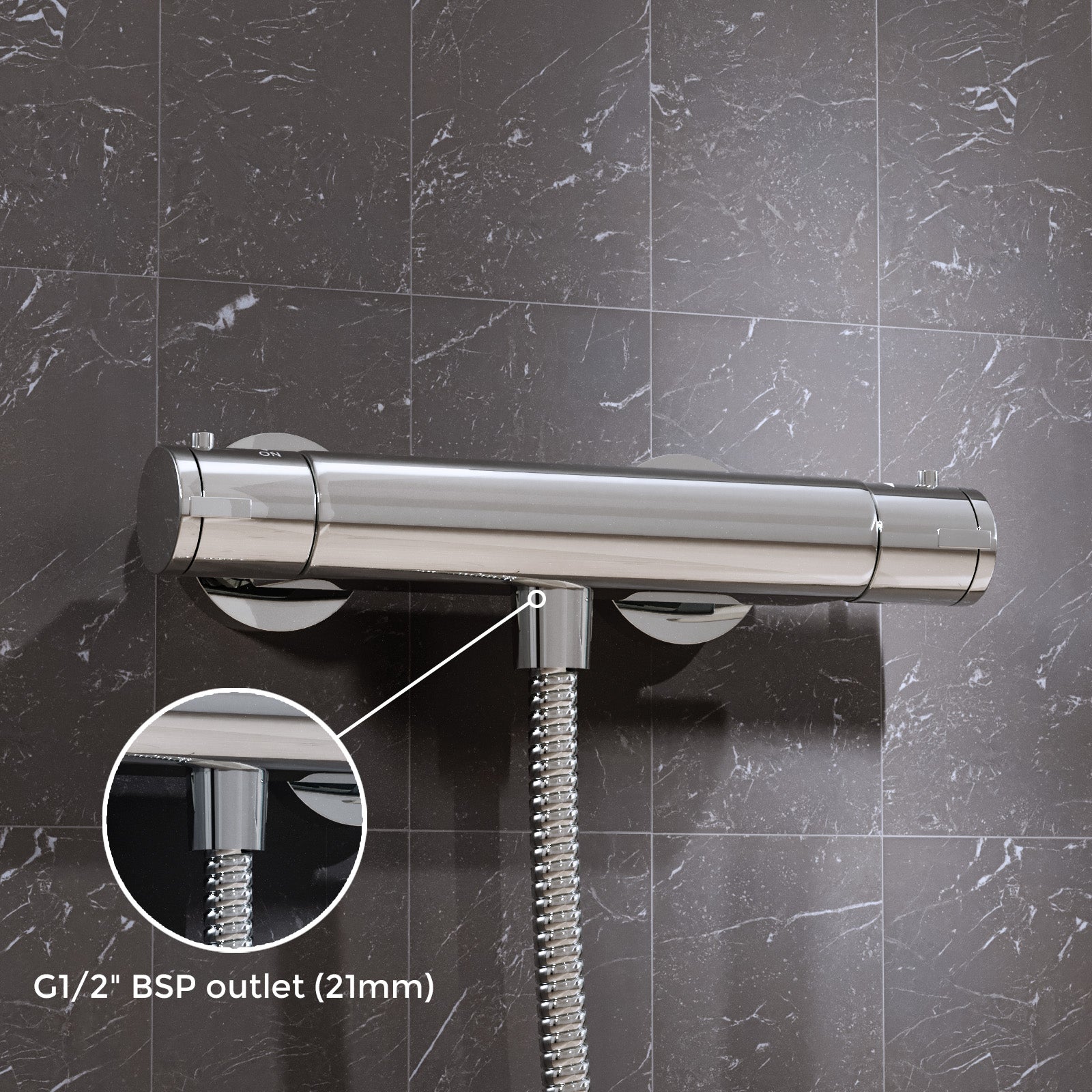 Round Chrome Thermostatic Shower Bar Valve Single Outlet Wall Mounted with Shower Slider Rail Kit
