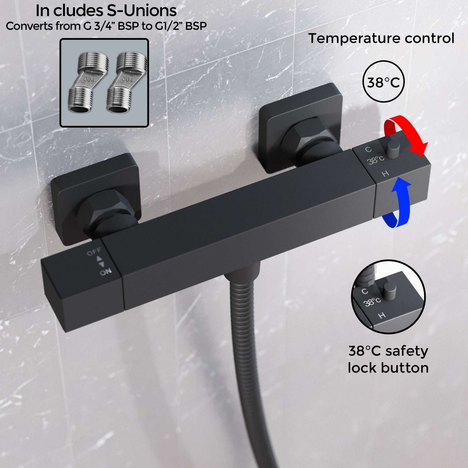 Matte Black Square Thermostatic Shower Bar Valve Single Outlet with Shower Slider Rail Kit