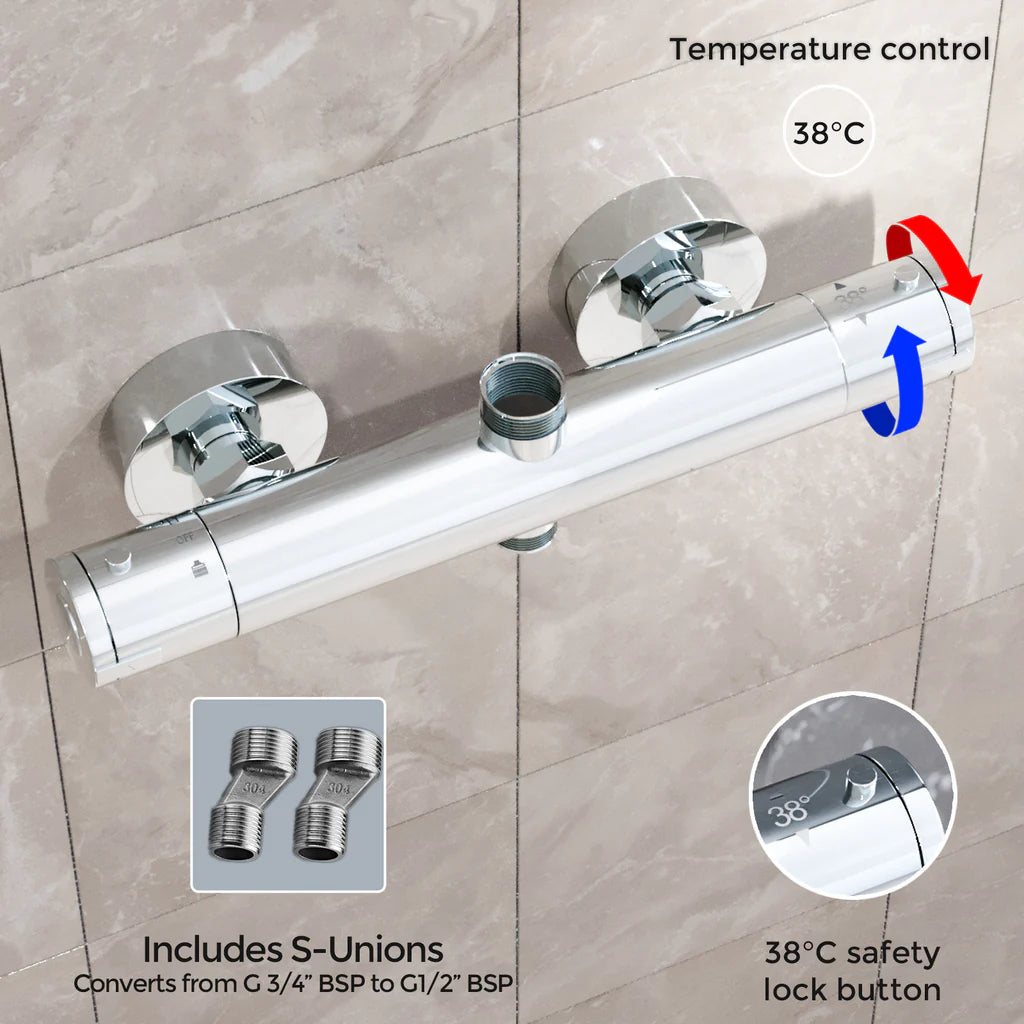 Modern Round Dual Outlet Chrome Exposed Thermostatic Shower Mixer Bar Valve Anti Scald