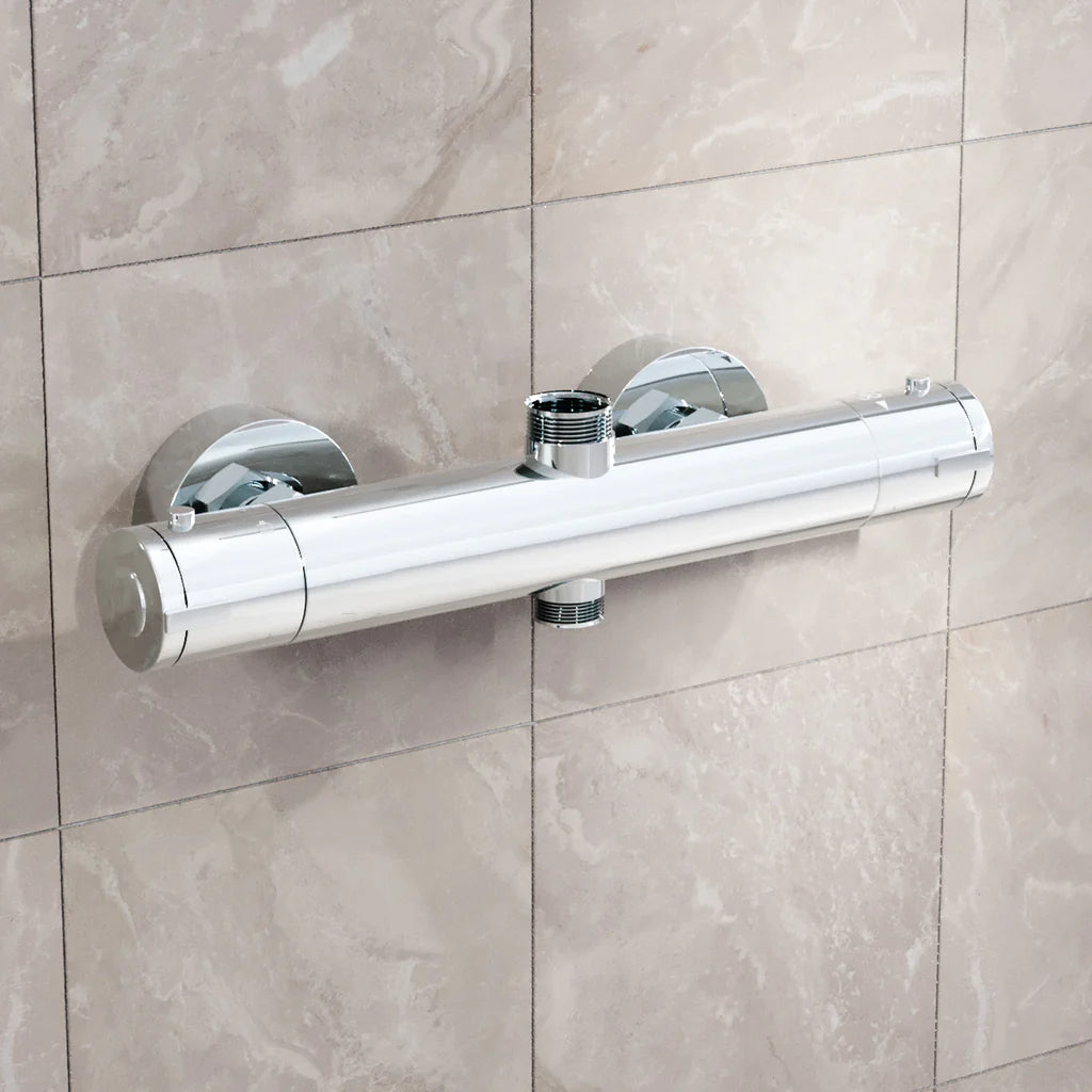 Modern Round Dual Outlet Chrome Exposed Thermostatic Shower Mixer Bar Valve Anti Scald