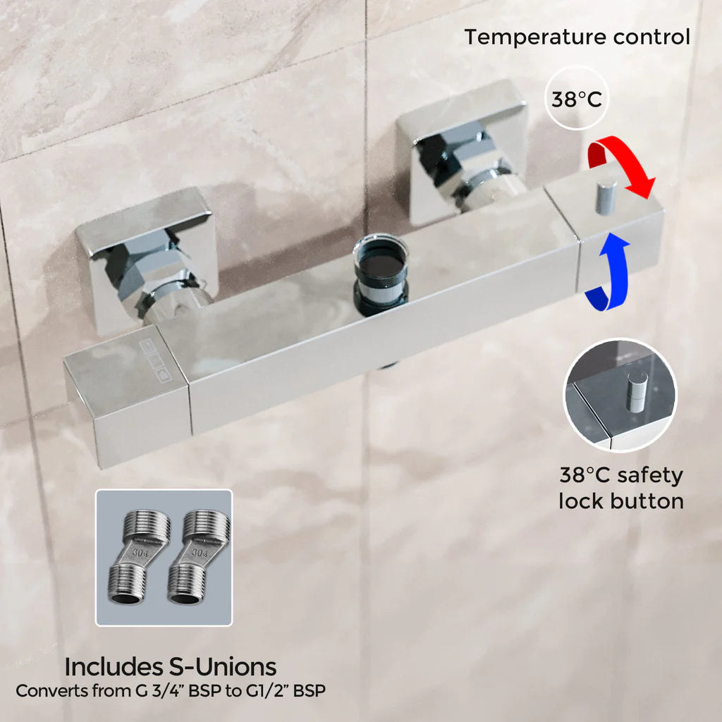 Modern Square Dual Outlet Chrome Exposed Thermostatic Shower Mixer Bar Valve Anti Scald