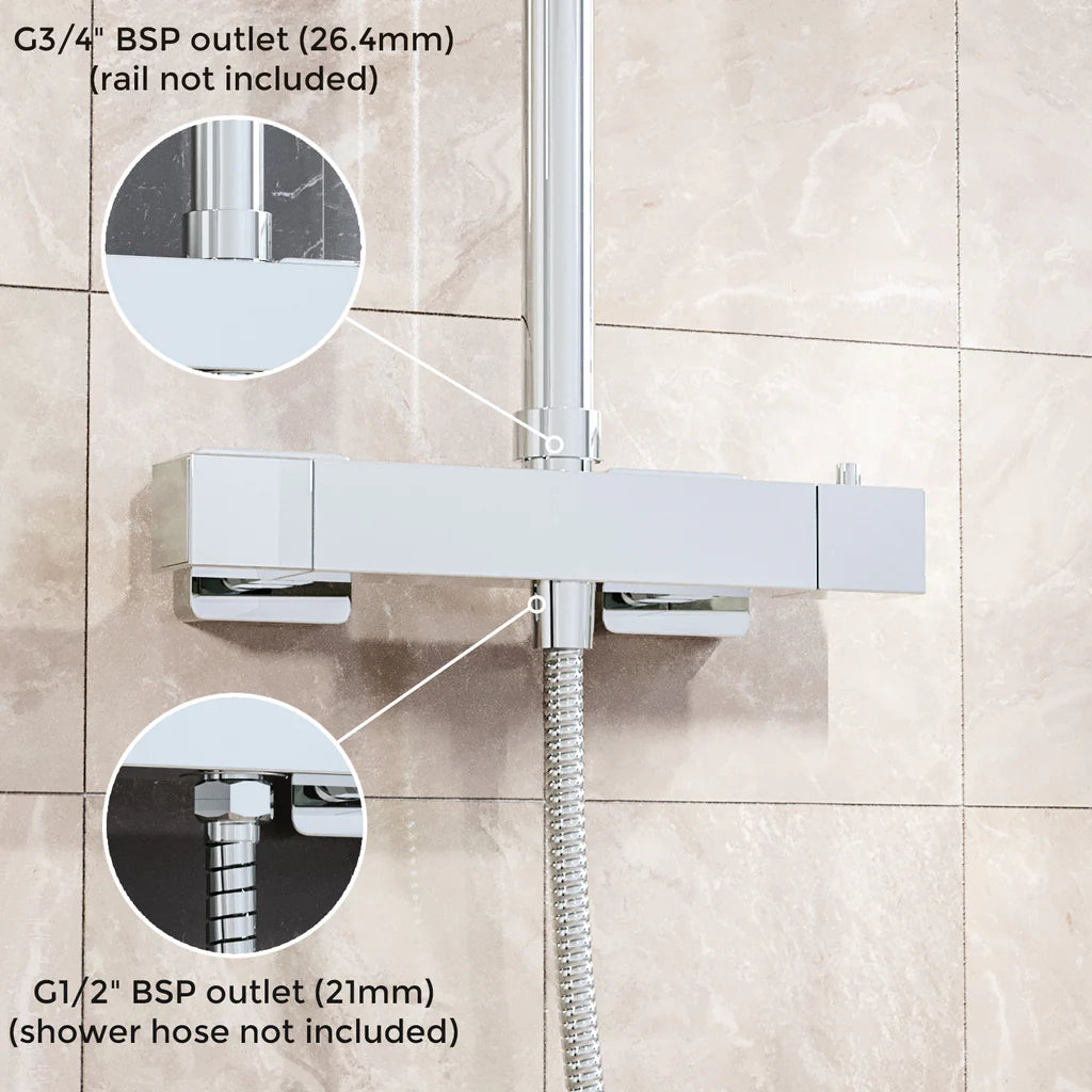 Modern Square Dual Outlet Chrome Exposed Thermostatic Shower Mixer Bar Valve Anti Scald
