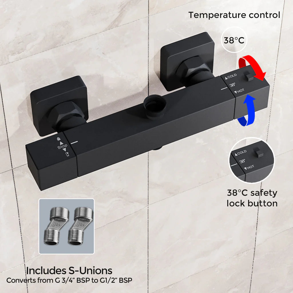 Modern Square Dual Outlet Matte Black Exposed Thermostatic Shower Mixer Bar Valve Anti Scald