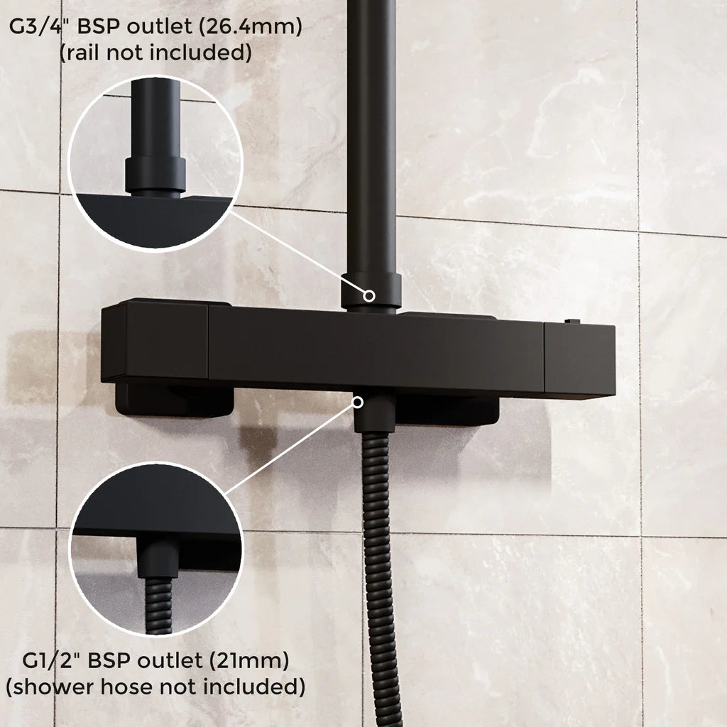 Modern Square Dual Outlet Matte Black Exposed Thermostatic Shower Mixer Bar Valve Anti Scald