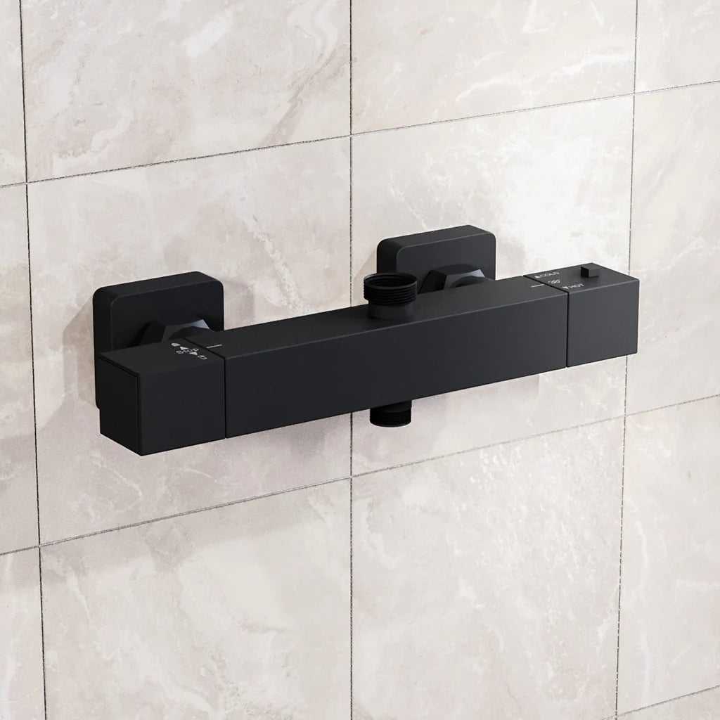 Modern Square Dual Outlet Matte Black Exposed Thermostatic Shower Mixer Bar Valve Anti Scald