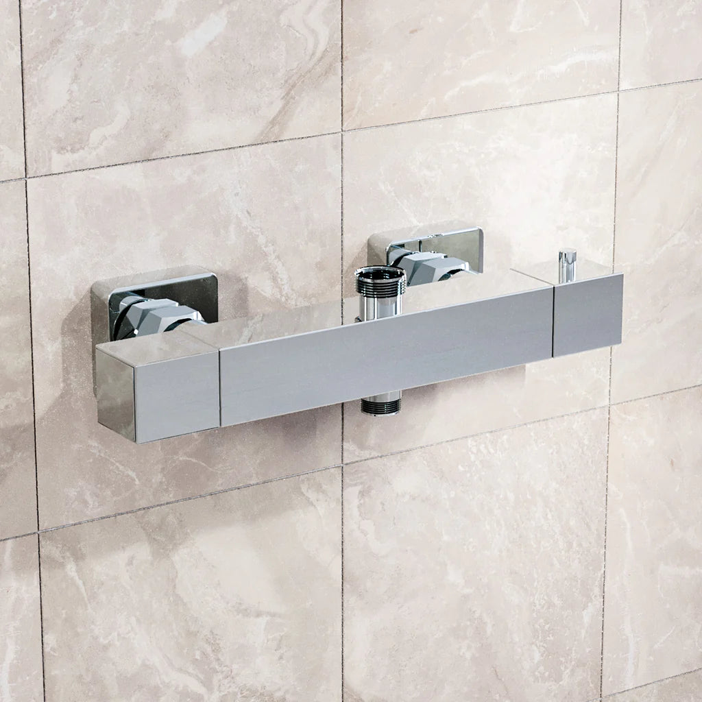 Modern Square Dual Outlet Chrome Exposed Thermostatic Shower Mixer Bar Valve Anti Scald