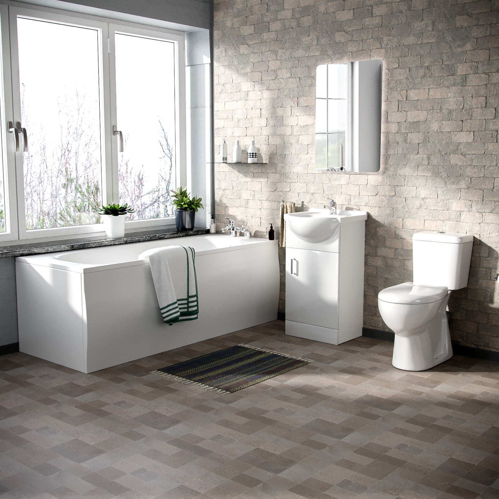 Ellen 3-Piece Bathroom Suite White - Close Coupled Toilet, 450mm Basin Vanity Unit and Round Bath Tub