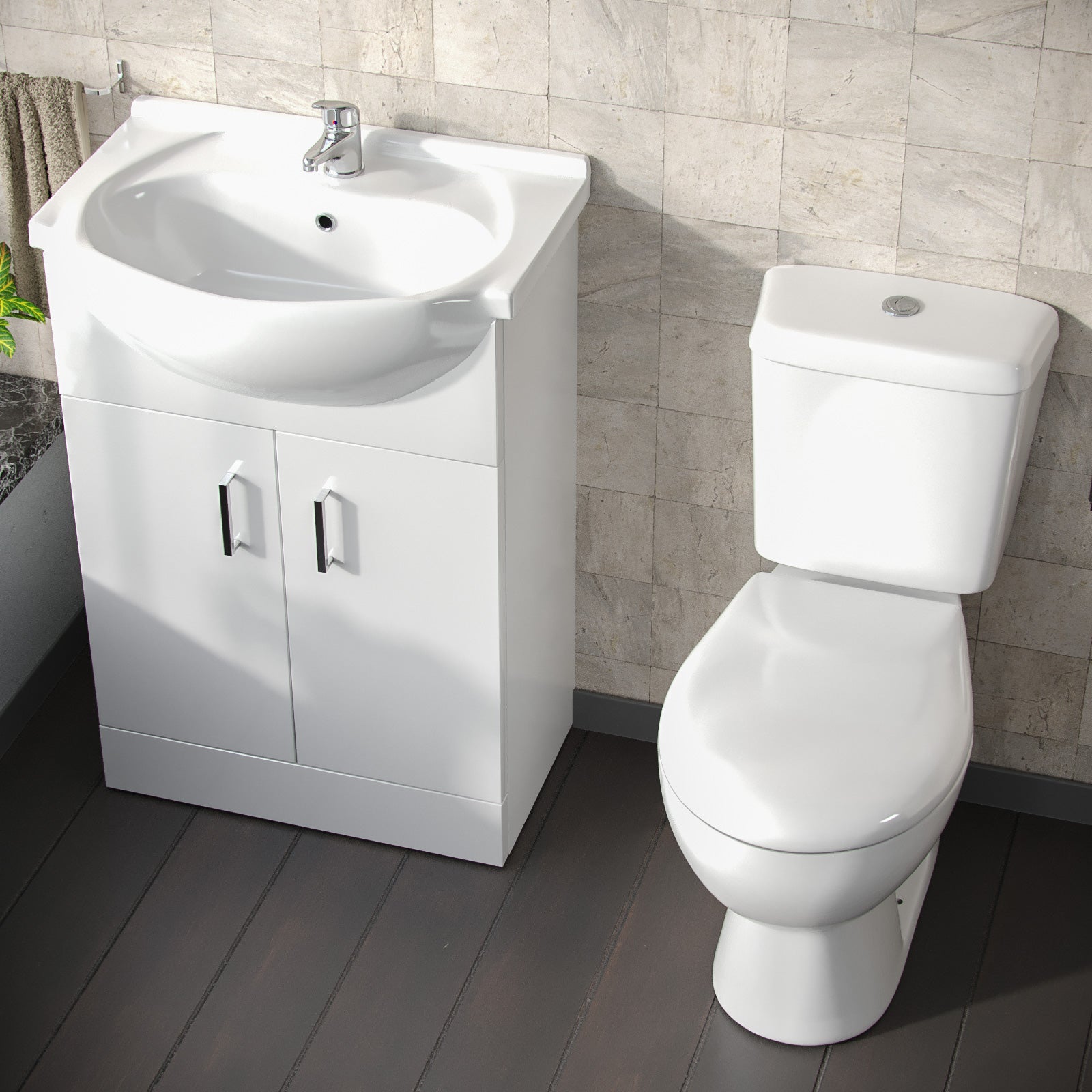 Ellen 550mm White Vanity Basin Cabinet MDF & Ceramic Closed Coupled Toilet