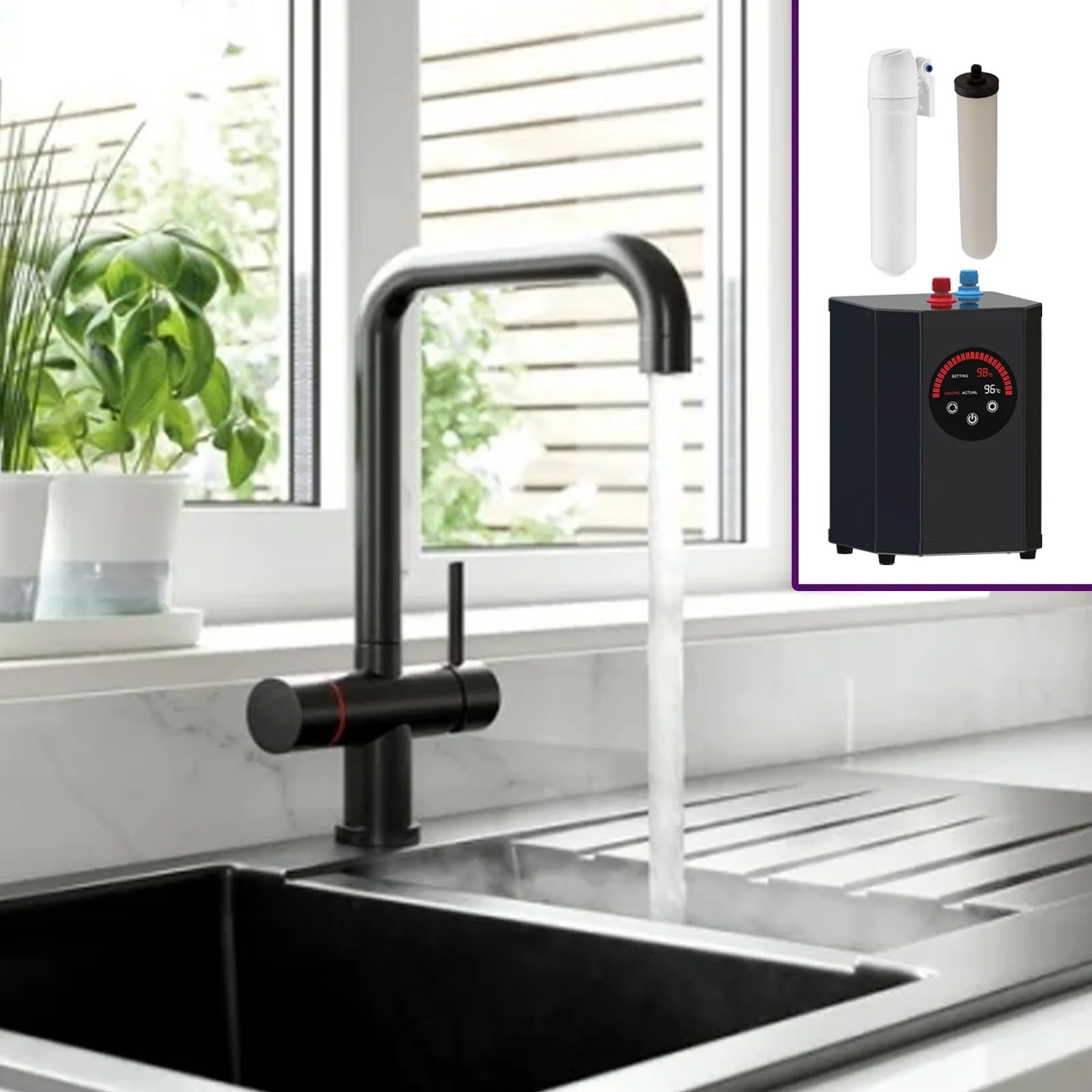 3 in 1 Single Lever Boiler Complete Kitchen Mixer Tap Set - Matte Black